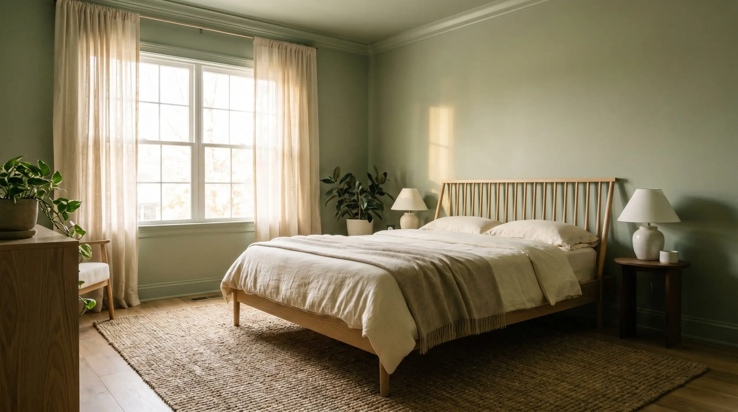 A color-drenched organic modern bedroom features walls and crown molding painted in Saybrook Sage HC-114 (Hex #B1B7A2) surrounding a white oak spindle bed.