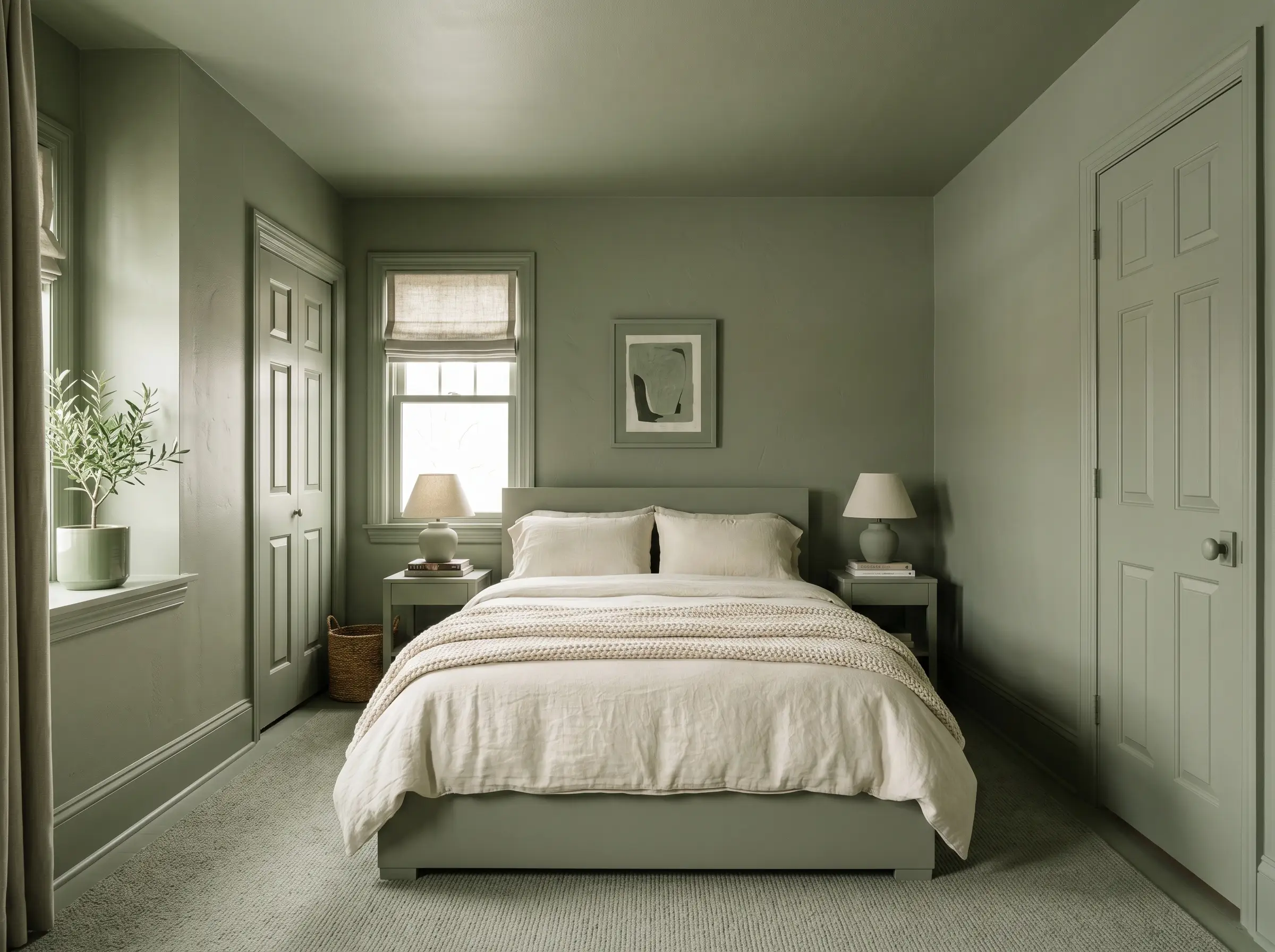 Monolithic drywall, baseboards, and paneled doors surround a simple bed with cream linens in these cohesive sage green and cream bedroom ideas.