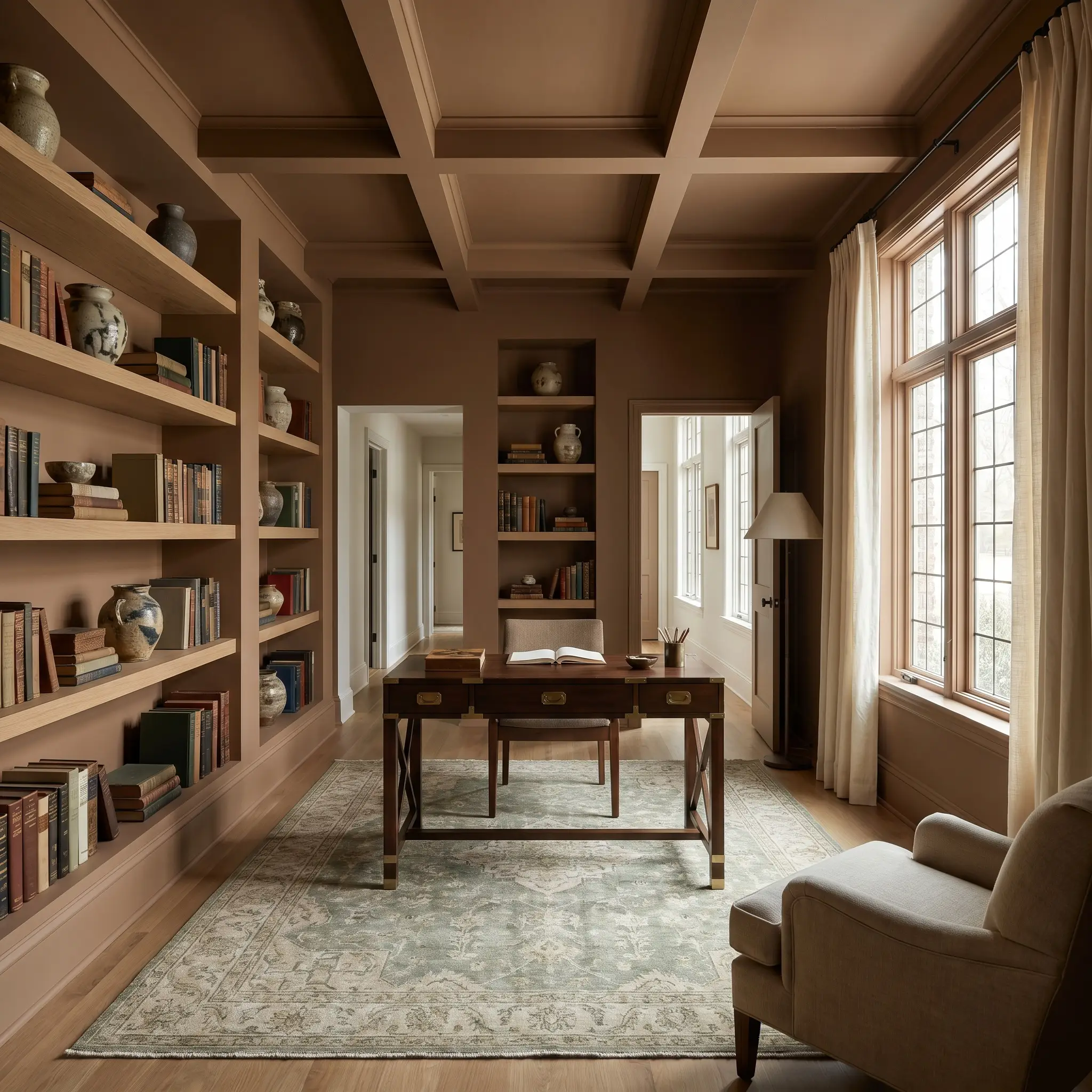 Floating white oak shelves and a sleek campaign desk furnish a cozy study completely color-drenched in an enveloping tone of cappuccino orange.