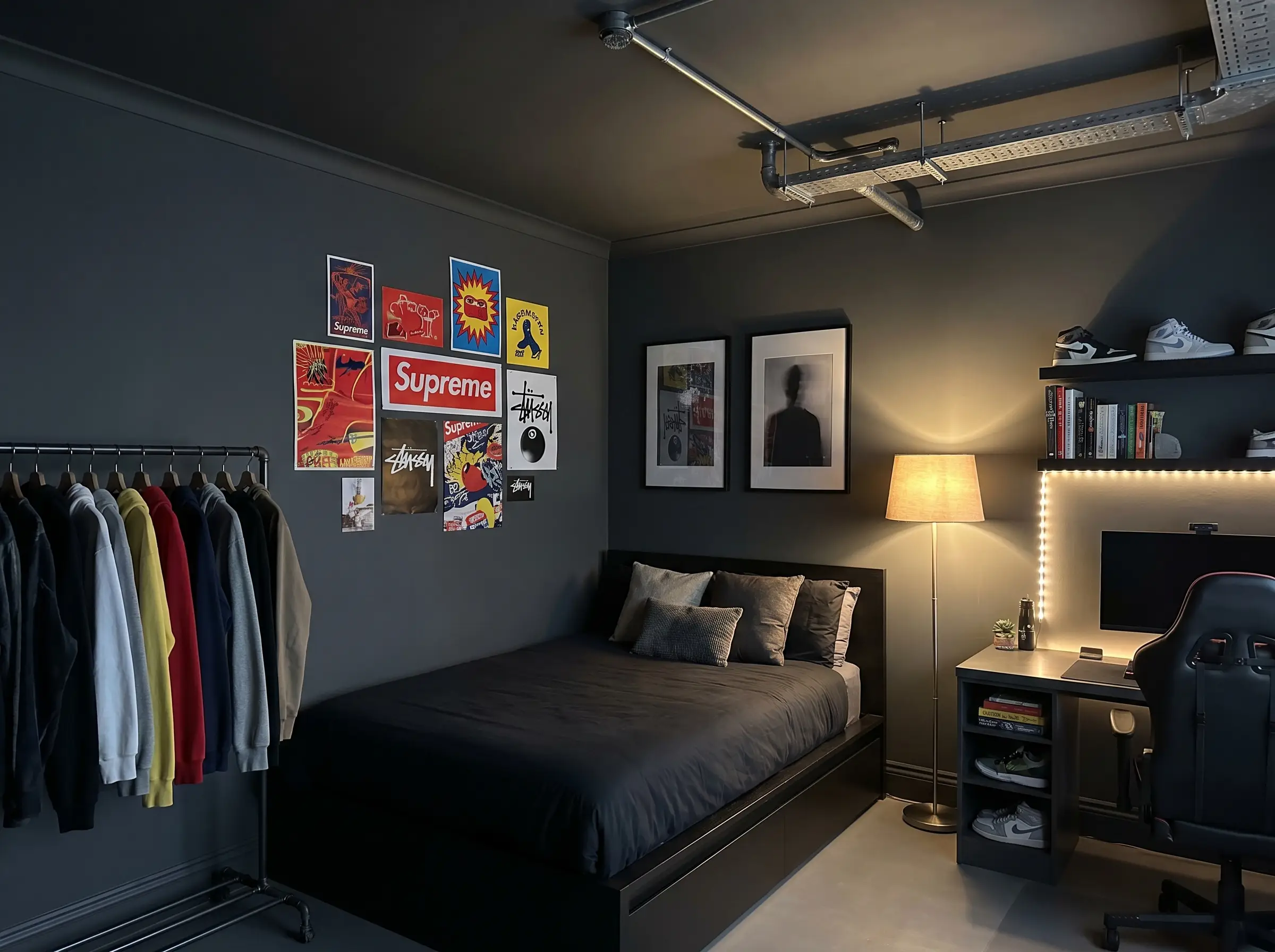 Sherwin-Williams Peppercorn paint covers the walls and ceiling of this teen boy bedroom design, contrasting with a low-profile bed and colorful streetwear graphic posters.