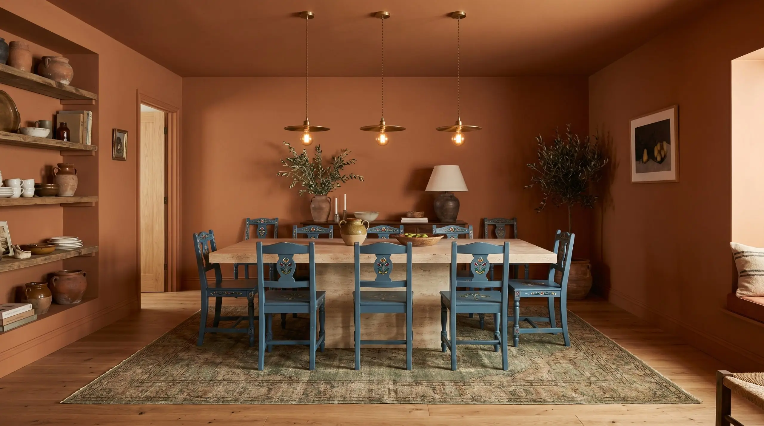 Unlacquered brass pendants cast a warm glow over a honed travertine table and folkloric Swedish blue chairs in a completely color-drenched burnt orange dining room.
