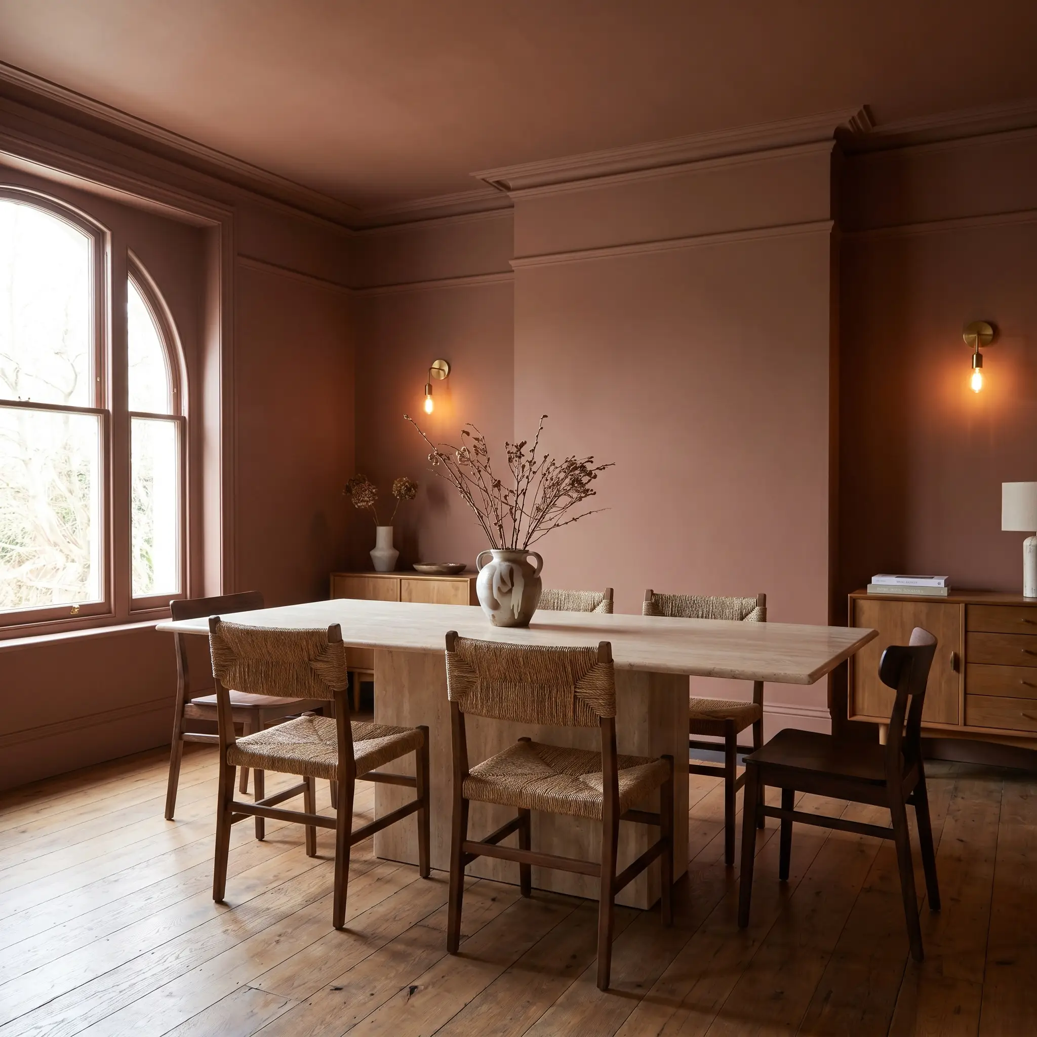 A honed travertine dining table and woven chairs sit inside a color-drenched dining space featuring deep terracotta walls and unlacquered brass sconces.