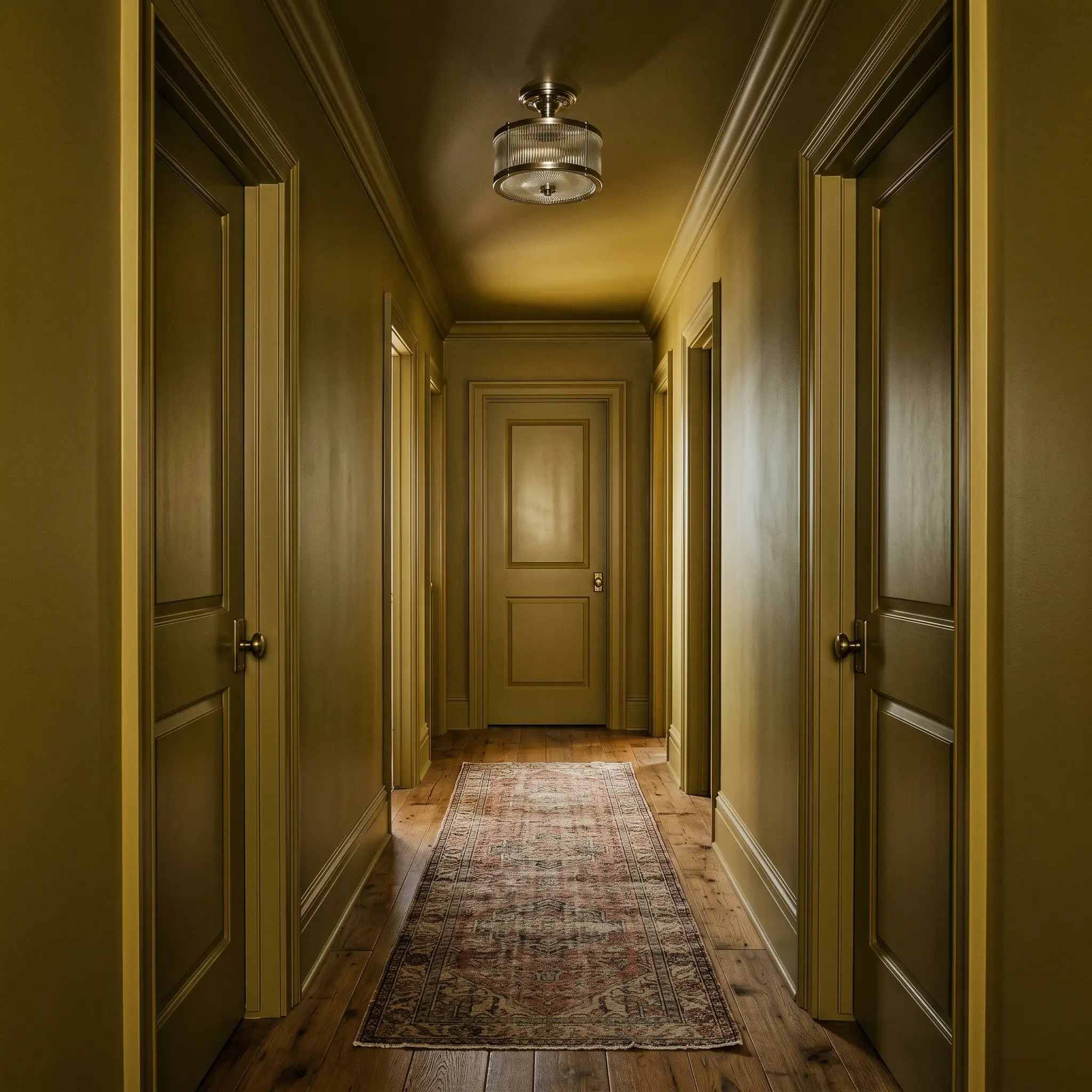 Tall baseboards, crown molding, and paneled doors share a rich golden cast, creating a color-drenched corridor illuminated by a flush-mount reeded glass fixture.