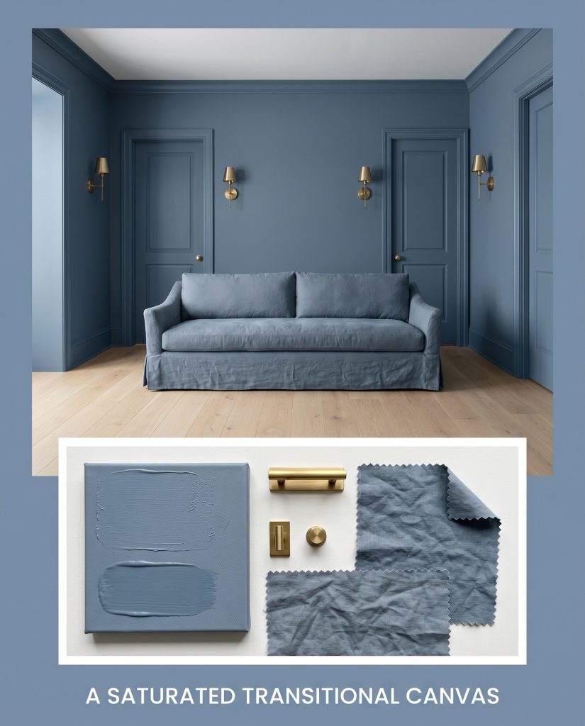 A color-drenched transitional living room layout highlights unlacquered brass sconces, a slipcovered sofa draped in wrinkled washed linen, and crisp white oak flooring.