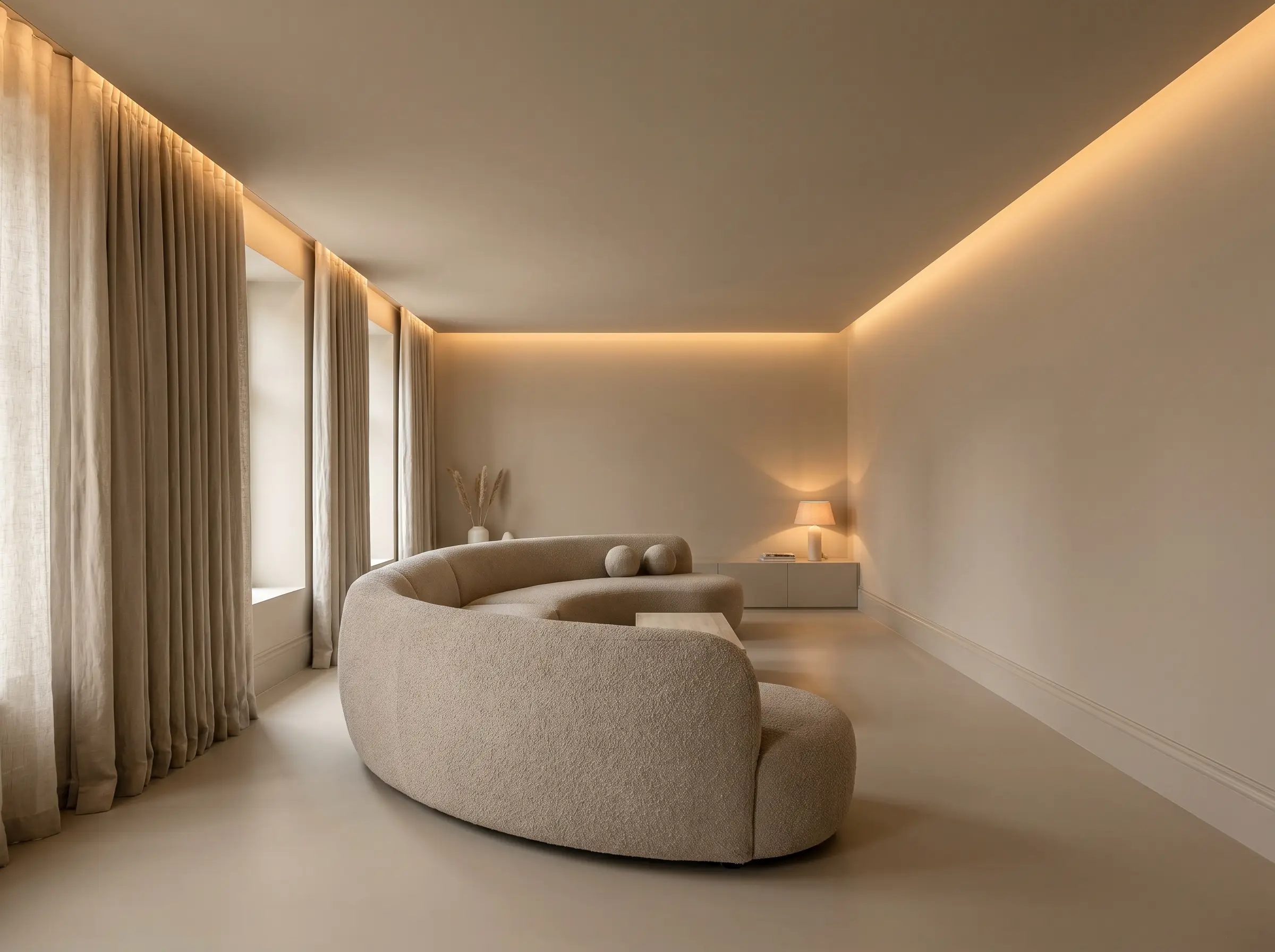 A heavily textured bouclé sofa and raw linen curtains stand against walls, baseboards, and ceilings painted in a seamless warm greige satin finish.