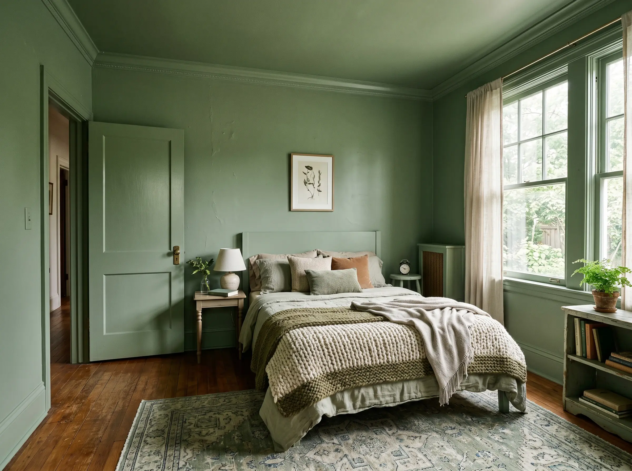 Seamless color drenching covers the baseboards, window trim, doors, and crown molding to create enveloping sage green bedroom wall ideas around a modest bed.