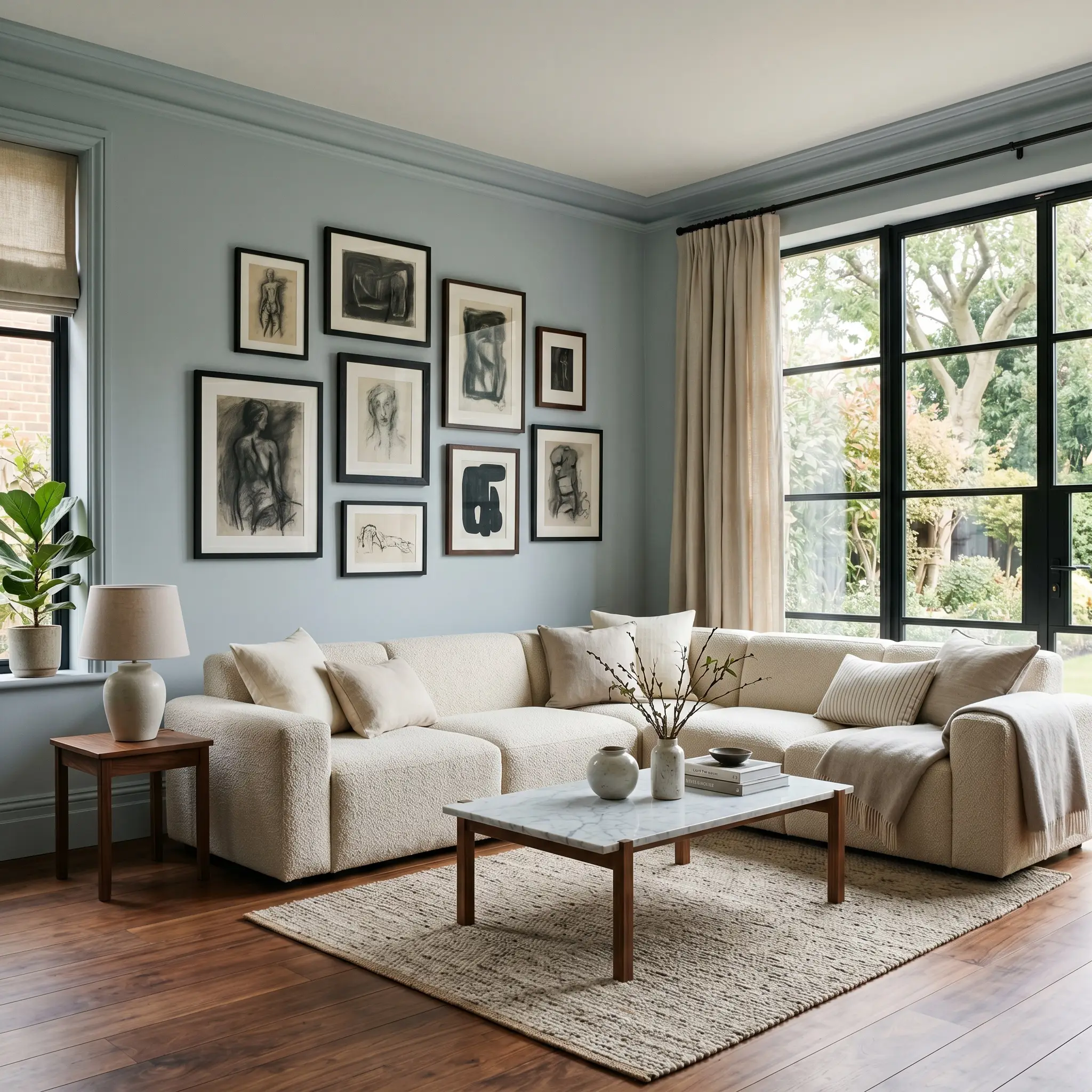 A color drenched living room features Farrow & Ball Kakelugn across the walls, crown molding, and baseboards, grounding a creamy bouclé modular sectional and rich walnut flooring.