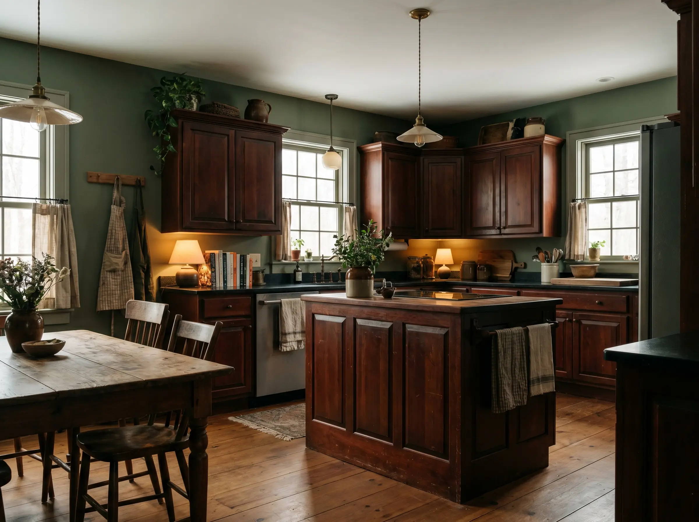 Heavy stained cherry wood cabinets and a simple wooden dining table are anchored by dark earthy green Sherwin-Williams Evergreen Fog walls.