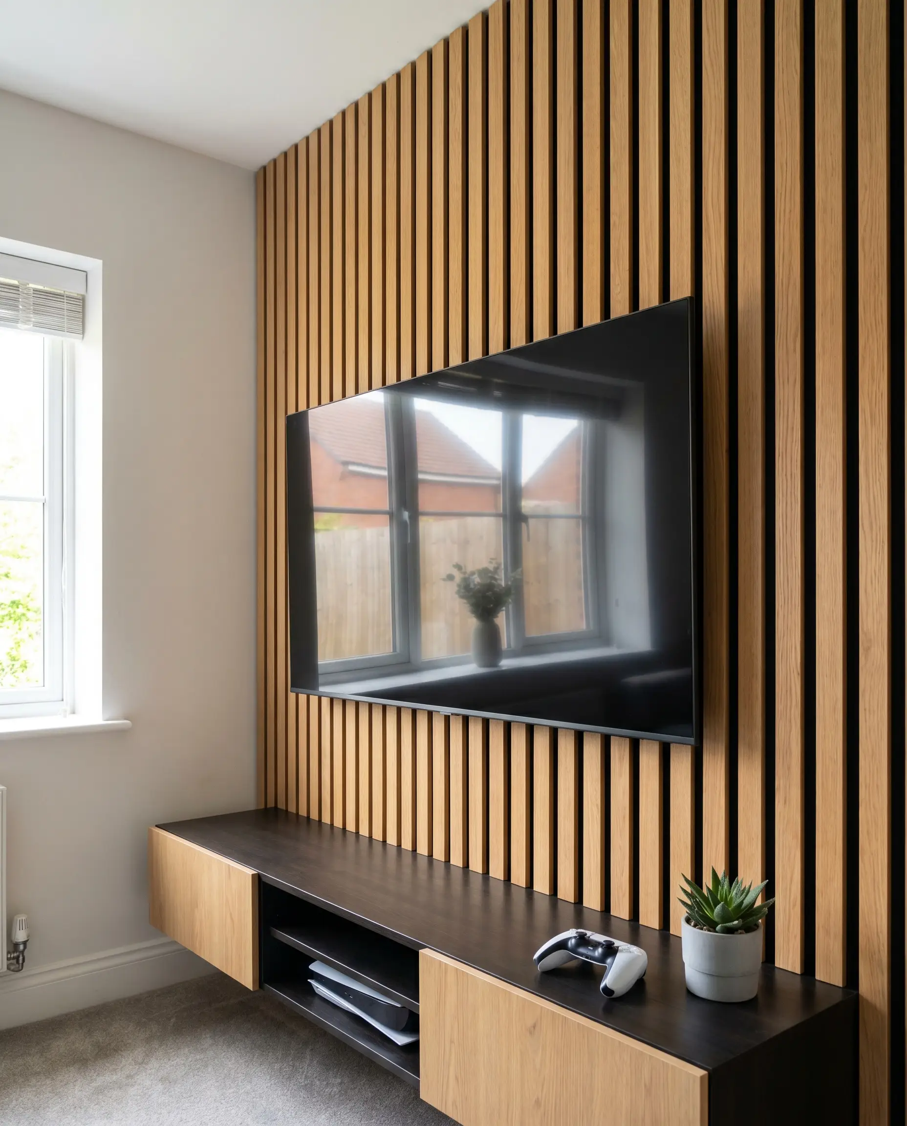 A wire-free television floats flawlessly against pristine timber panels, with all low-voltage cables invisibly routed through a concealed slit in the black acoustic felt backing.