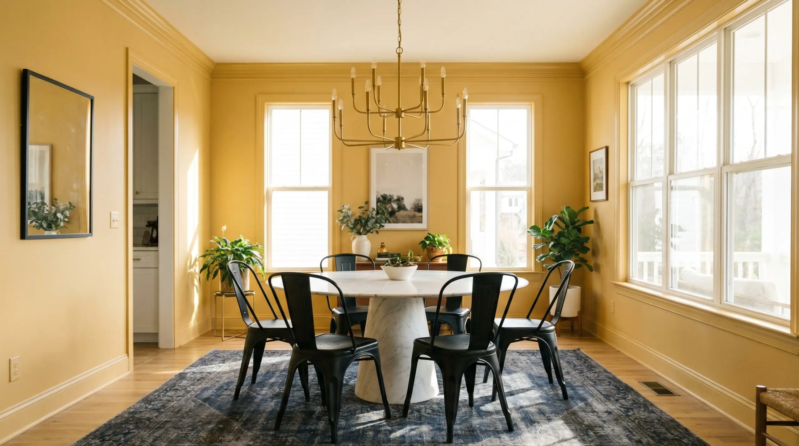 Matte black steel dining chairs surround a honed marble pedestal table inside a dining room featuring architectural trim completely color-drenched in historical ochre paint.