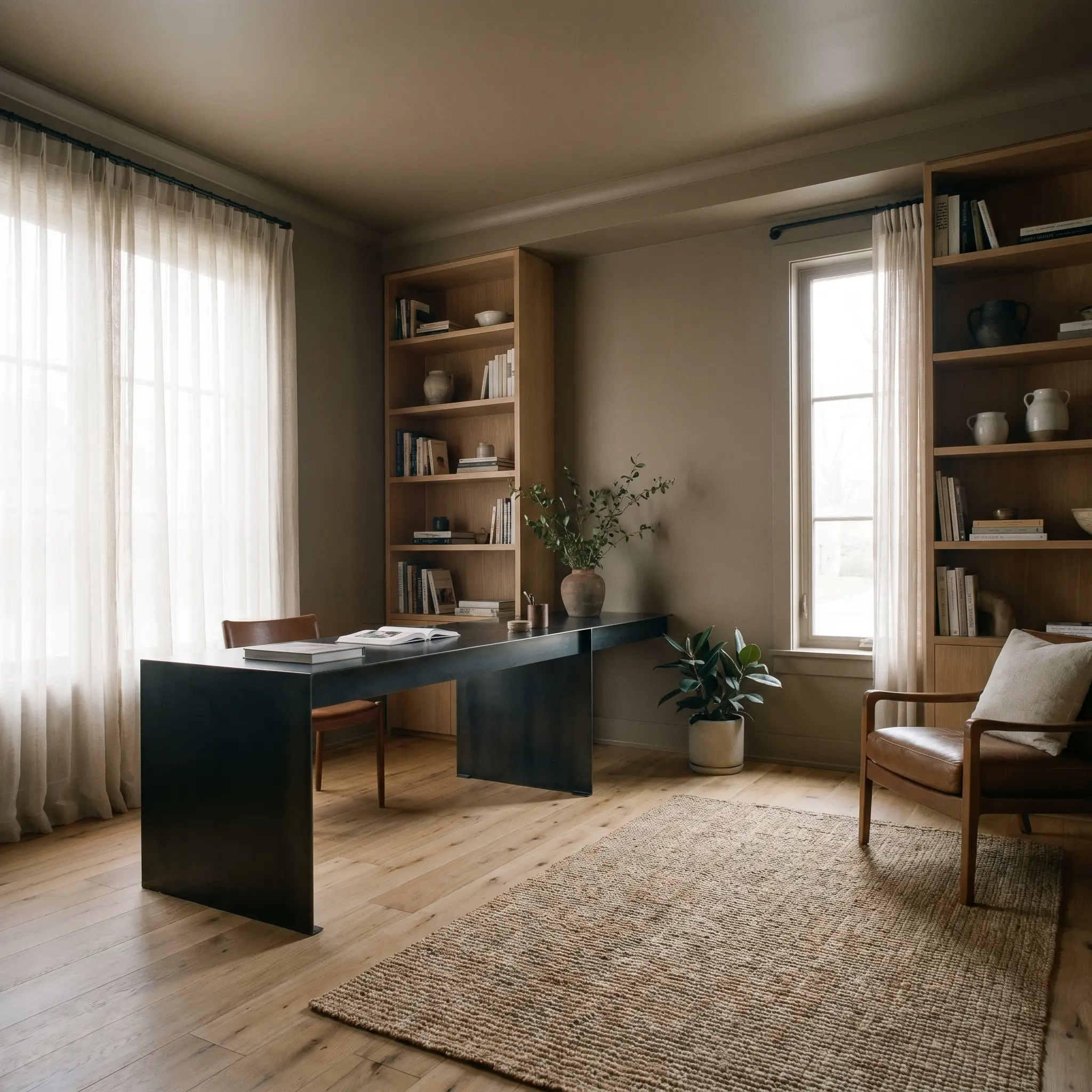 A blackened steel floating desk sits flanked by white oak shelving inside a contemporary home office enveloped in a muted stone hue.