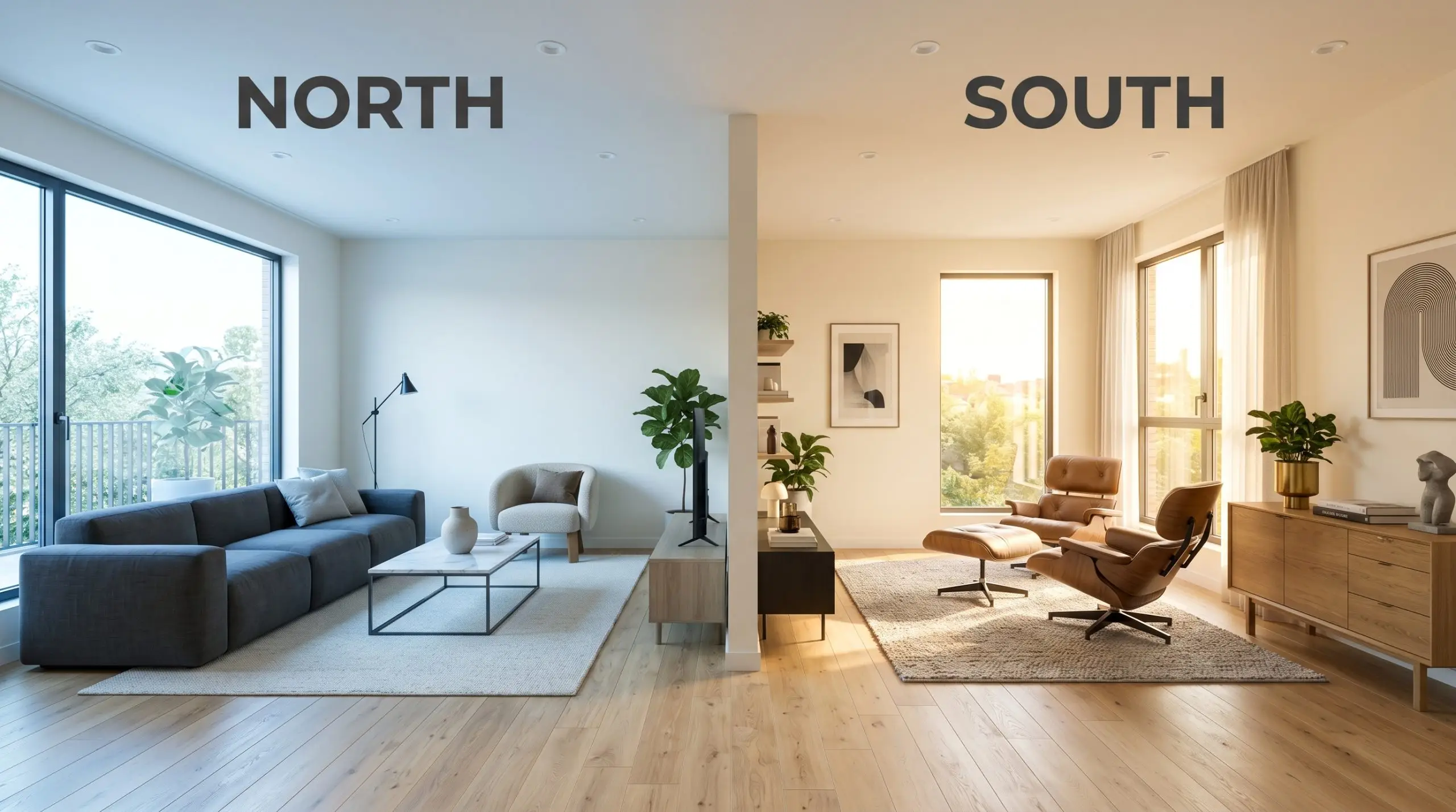 Minimalist furnishings and natural oak floors sit within a contemporary living room, shifting from cool bluish Northern light to warm golden Southern exposure.