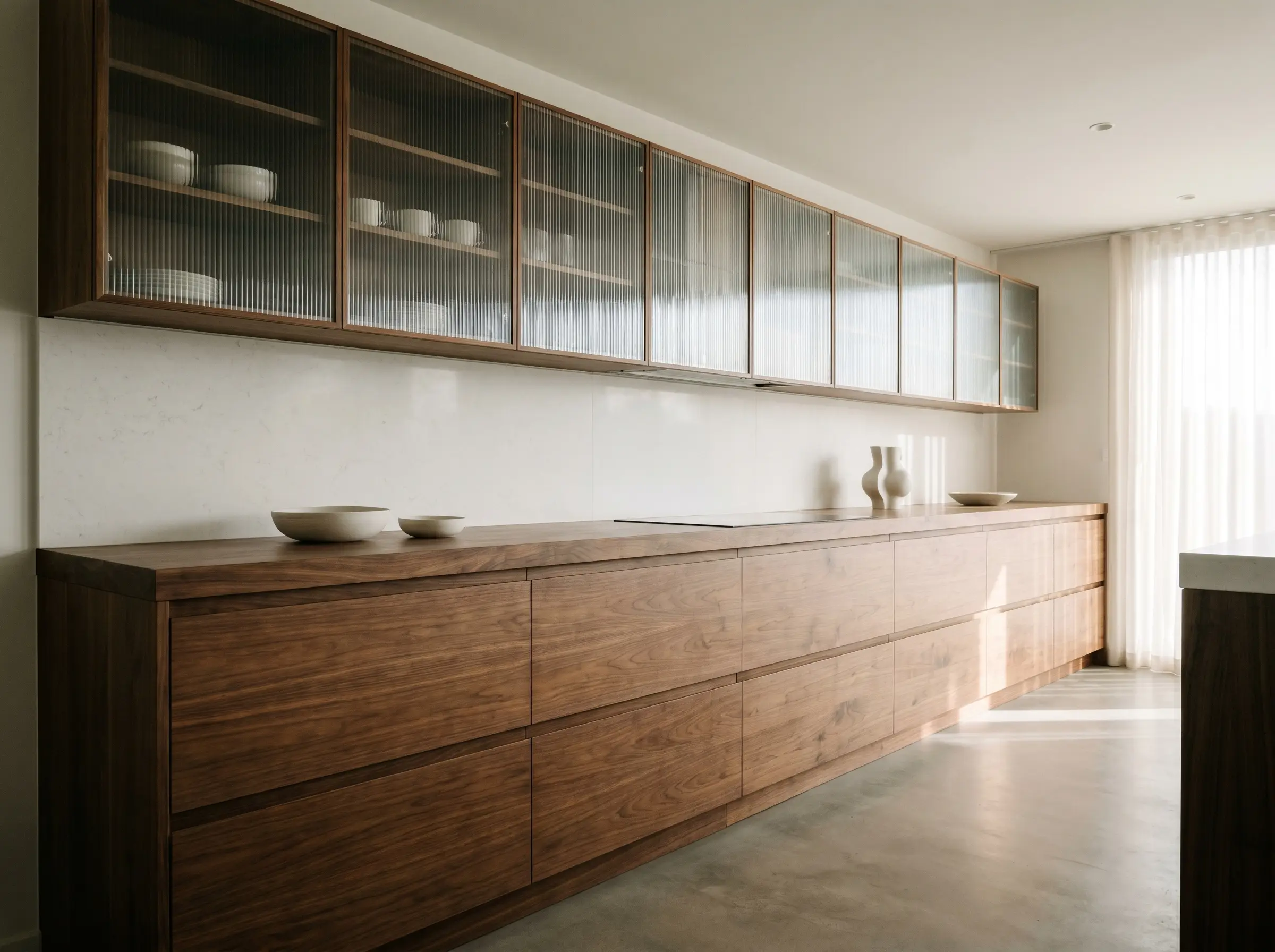 A continuous run of reeded glass and walnut kitchen cabinet fronts pairs with a white stone backsplash and a neutral microcement floor.