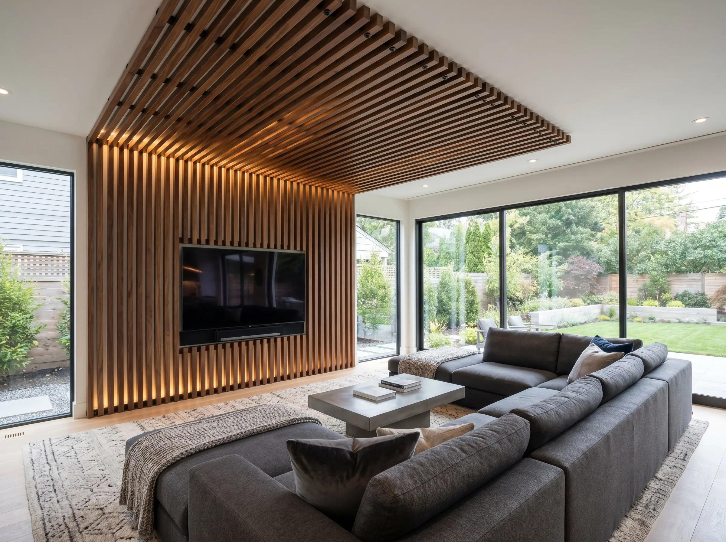 Continuous walnut battens run up the wall behind a television and extend three feet onto the living room ceiling to create a custom canopy.