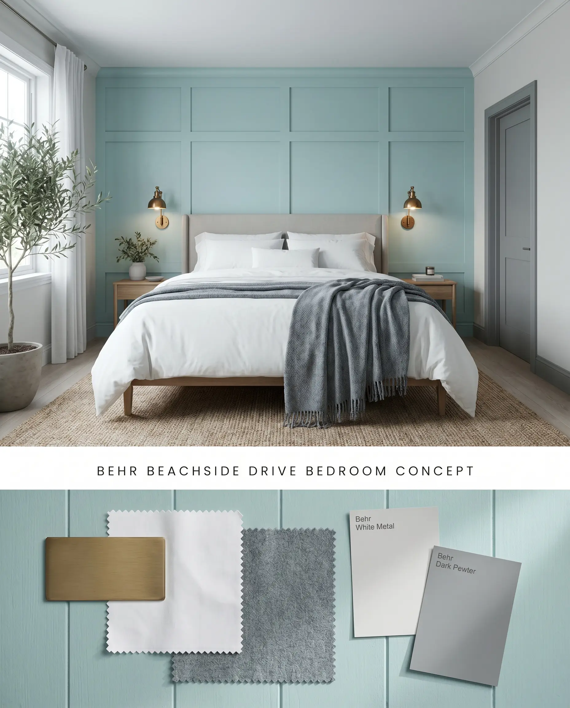 A split digital conceptual board for a serene bedroom displaying a cool temperature aqua paneled accent wall above, accompanied by antique brass and slate-gray wool samples below.