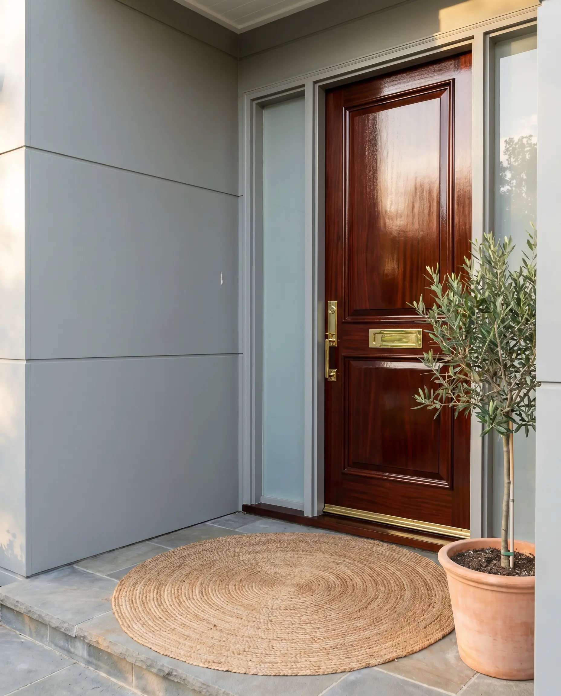 A crisp, cool gray facade is interrupted by a striking solid mahogany front door finished with a high-gloss marine spar varnish.