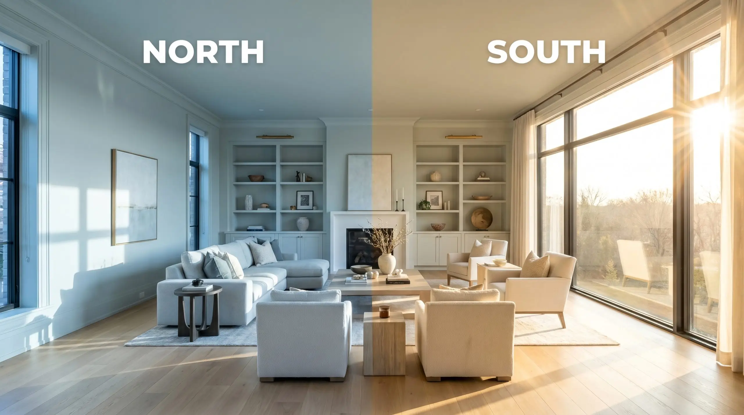 A split-screen living room demonstrates lighting effects on Sherwin-Williams Reflection, shifting from a chilly steely cast in northern light to a soft warmth under southern exposure.