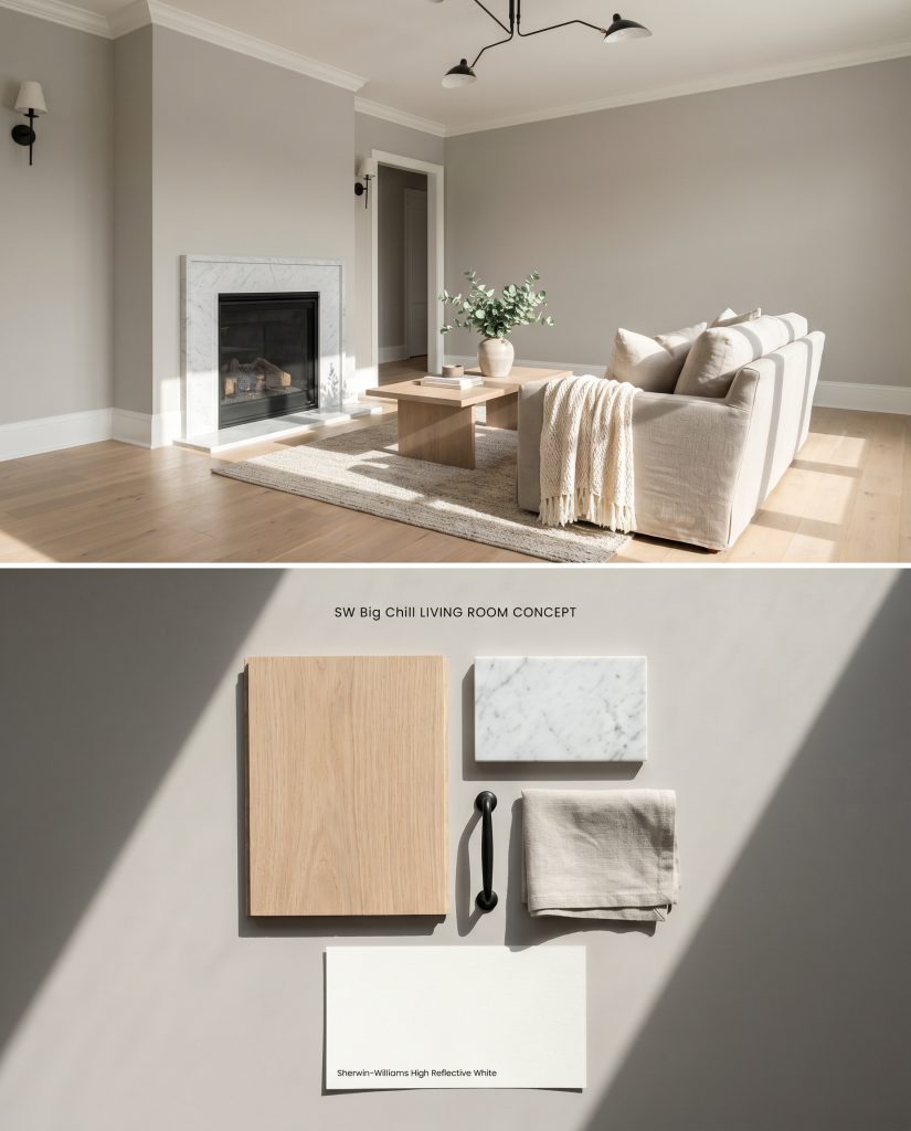 A split digital conceptual board displaying a stormy gray living room on top and physical materials like European oak and marble on the textured bottom section.