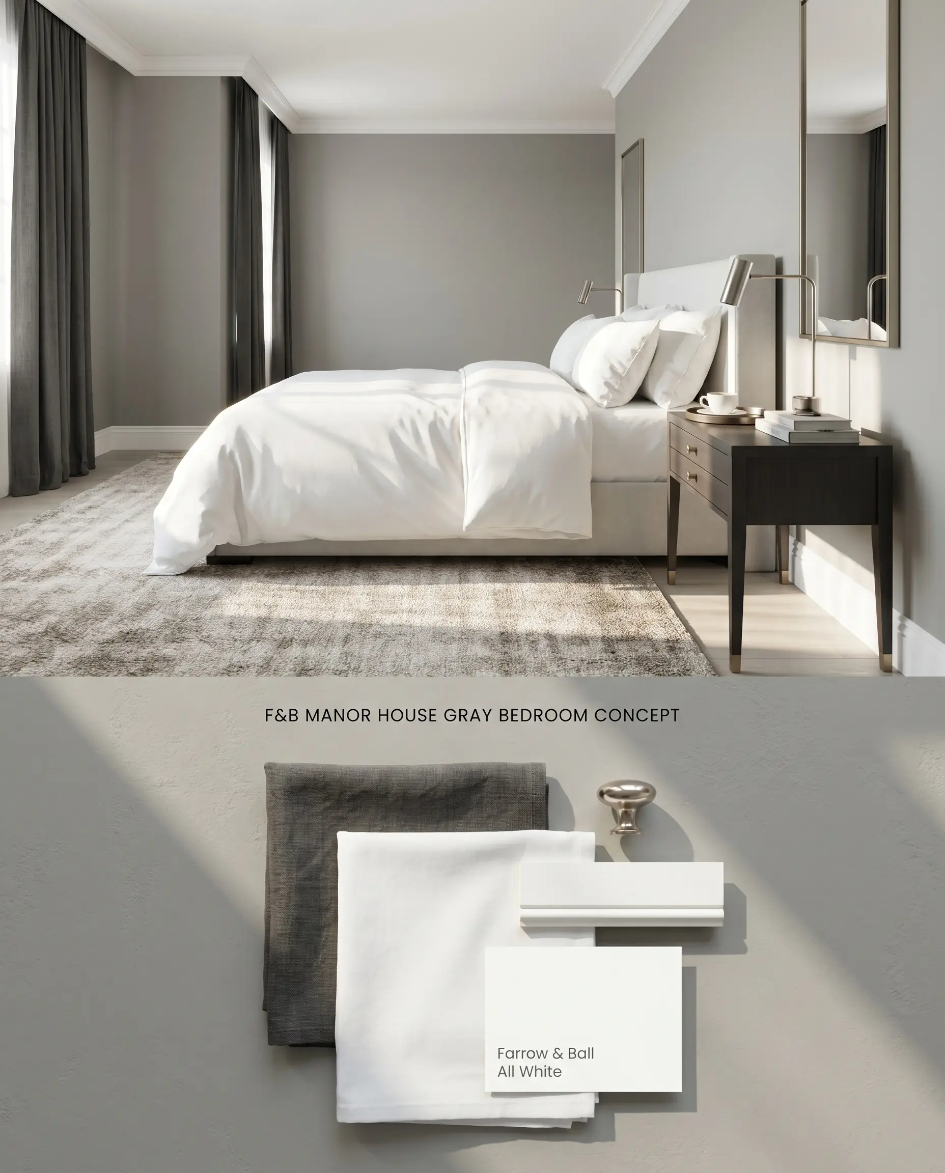 A split digital conceptual board for a calming primary bedroom showing Farrow & Ball Manor House Gray walls on top, alongside charcoal linen drapery, crisp white percale, and metallic accents on the textured bottom.