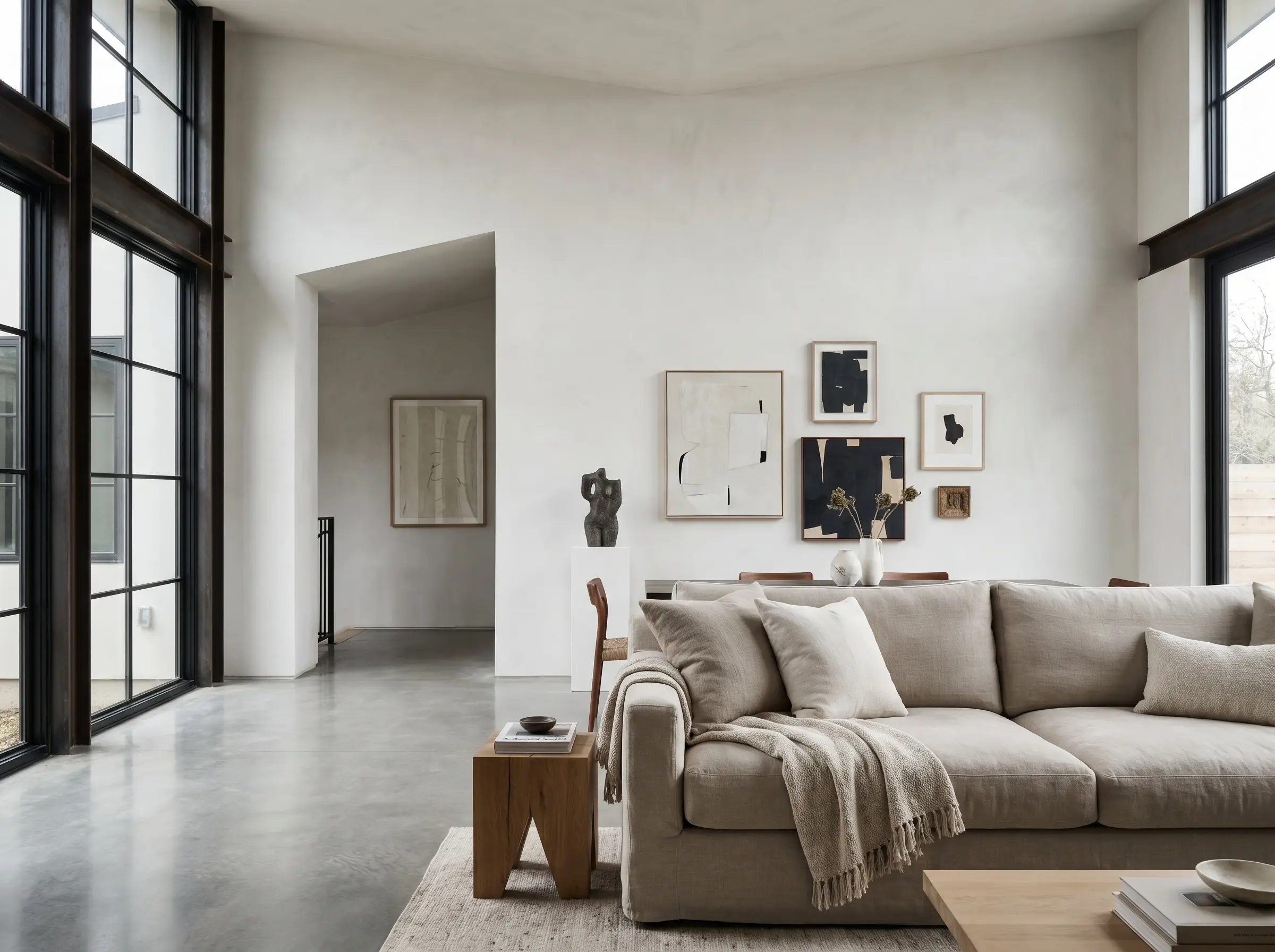 Structural steel window frames and polished concrete floors balance a sleek sofa in this contemporary limewash wall living room featuring cool plaster white tones.
