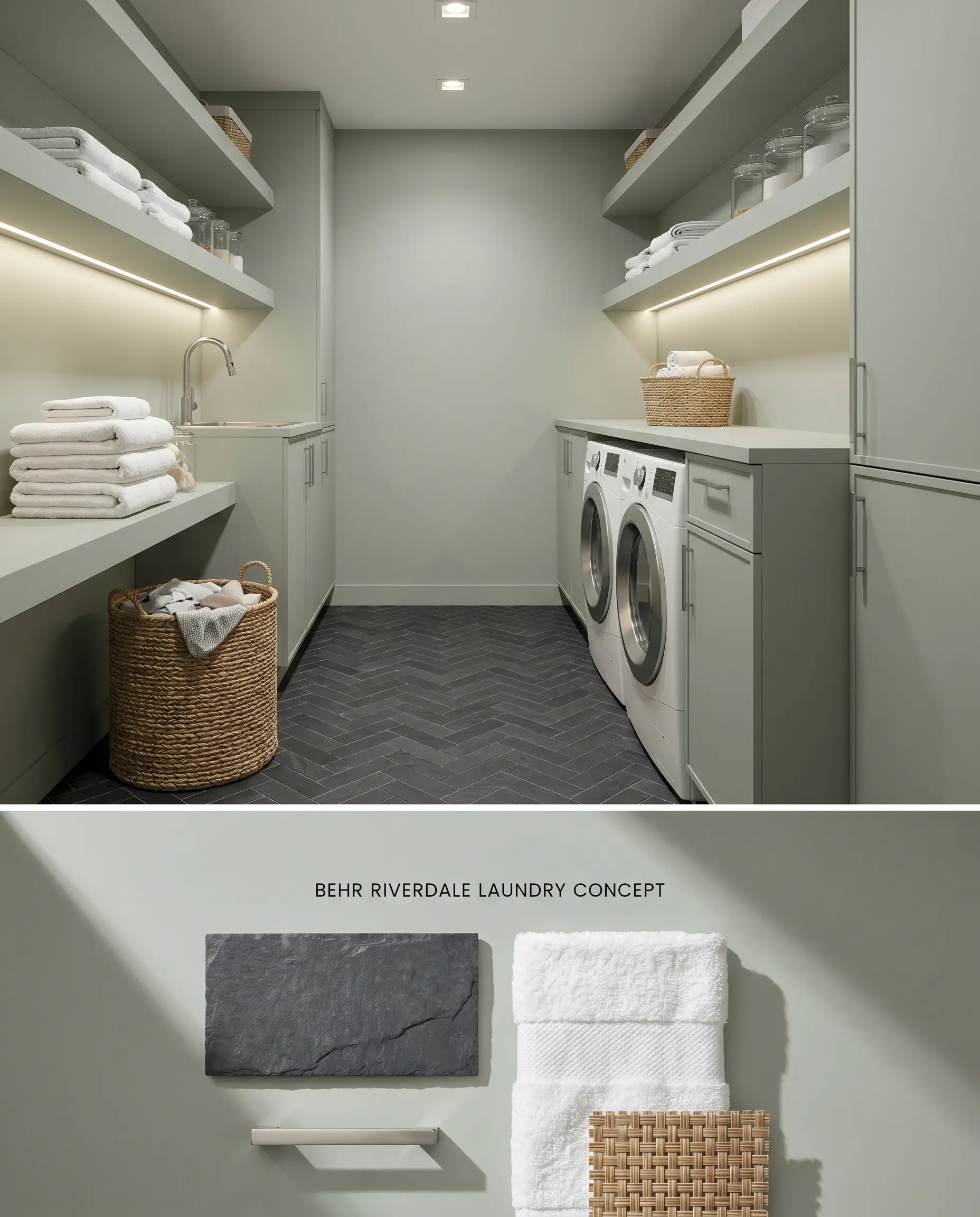 A split digital conceptual board for a laundry room color-drenched in Riverdale, featuring the space above and charcoal cleft-face slate with brushed stainless steel below.