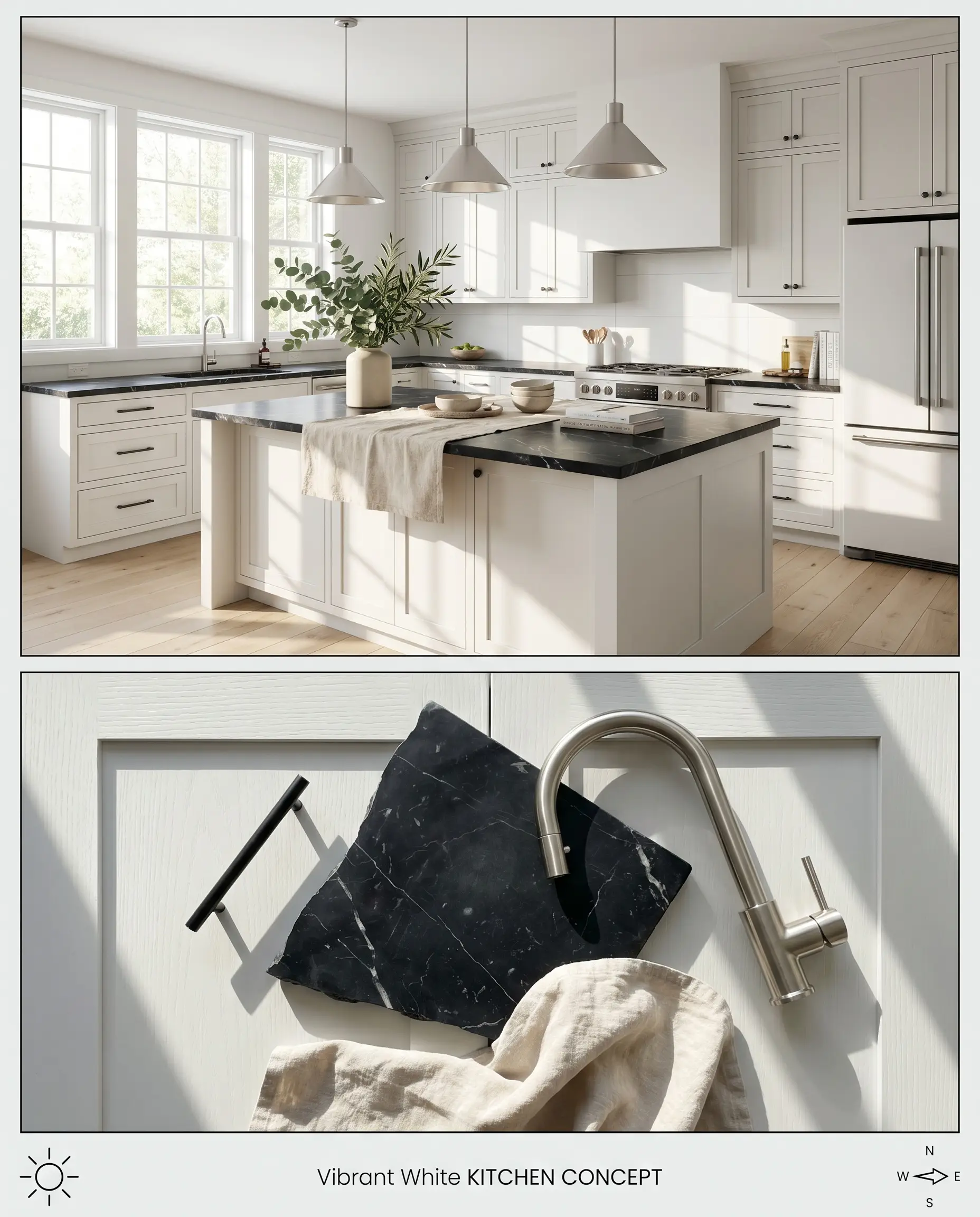 A split digital conceptual board displaying a cool-toned white kitchen with matte black hardware above a physical flat-lay of marble and brushed nickel samples.