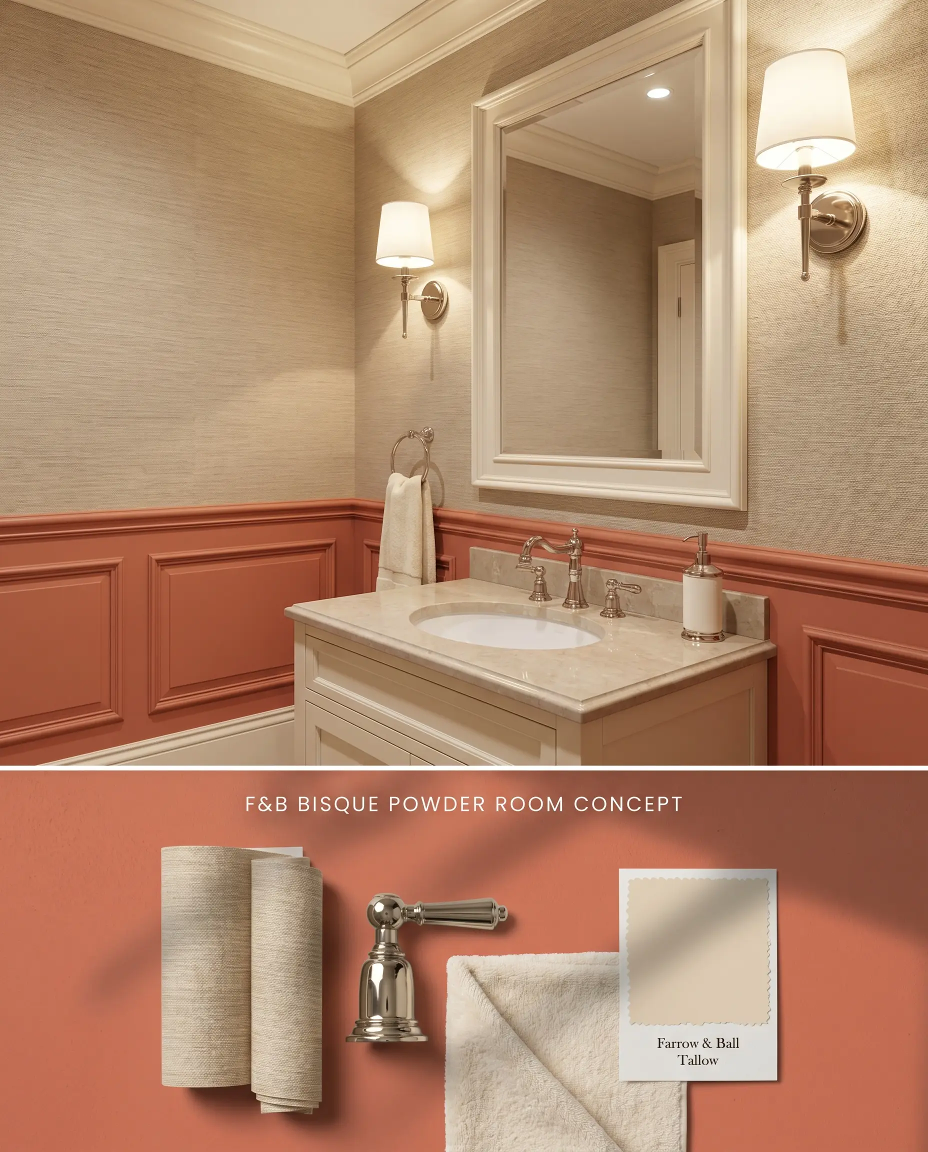 A split digital conceptual board displaying a warm coral powder room above, paired with textured wallpaper and polished nickel plumbing fixtures below.