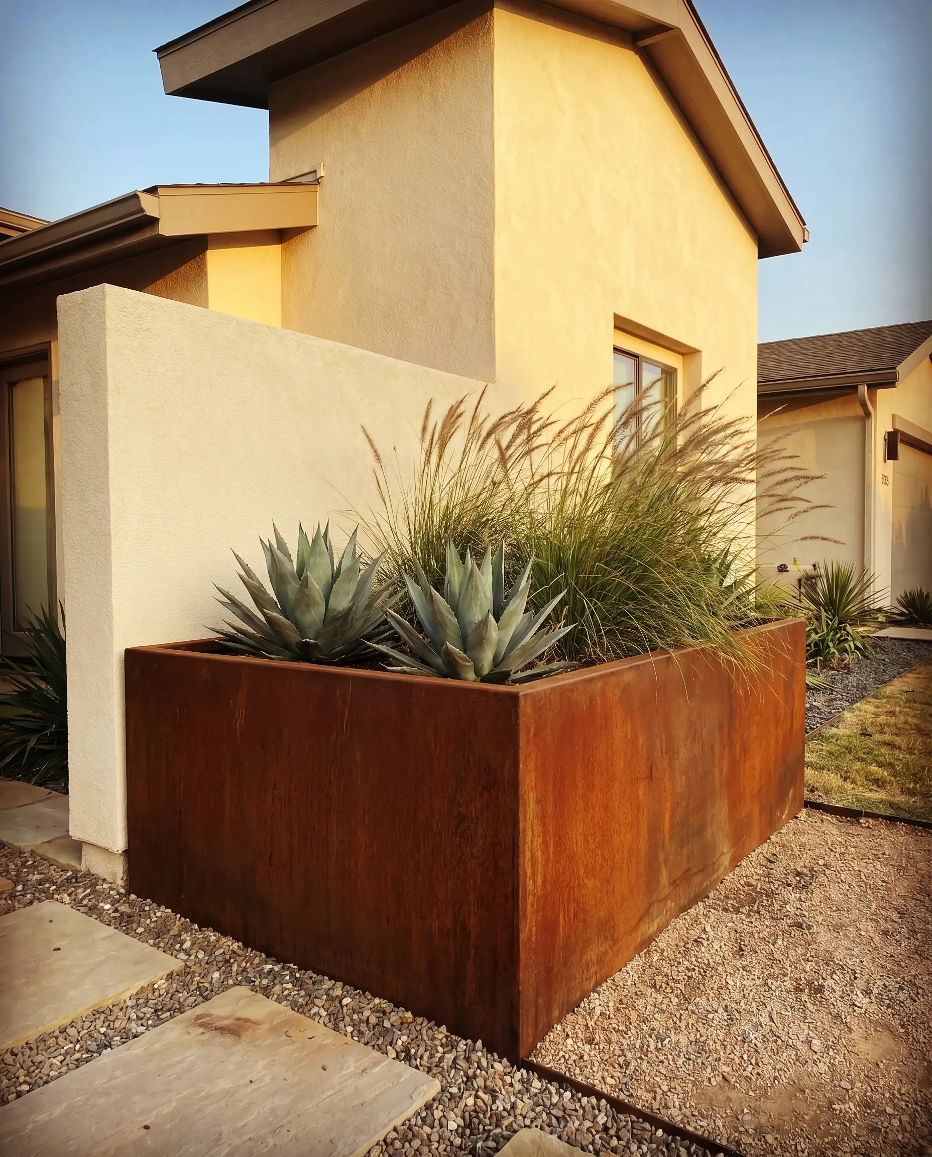 Large custom Corten steel planter boxes with a rusted orange-brown patina hold agave and ornamental grasses against a warm cream house foundation.