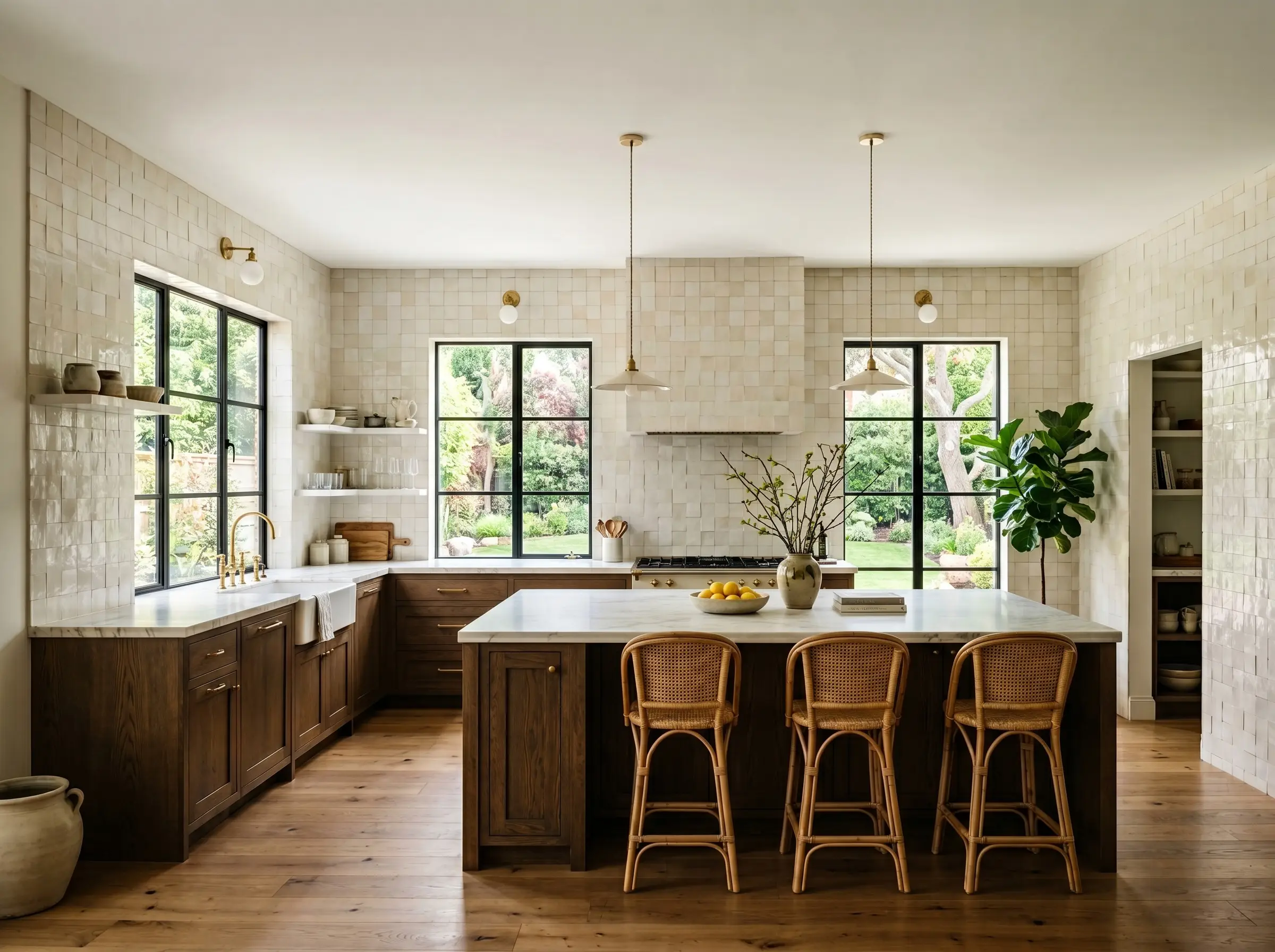 A monolithic counter-to-ceiling cream zellige backsplash kitchen ideas installation wraps continuously around large windows above a large central grounding island.