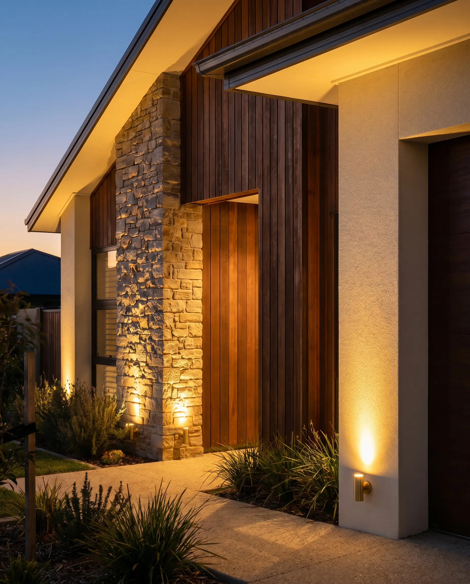 Brass accent lights cast a warm 2700K LED glow upwards across heavily textured cream stucco and vertical brown wood cladding.