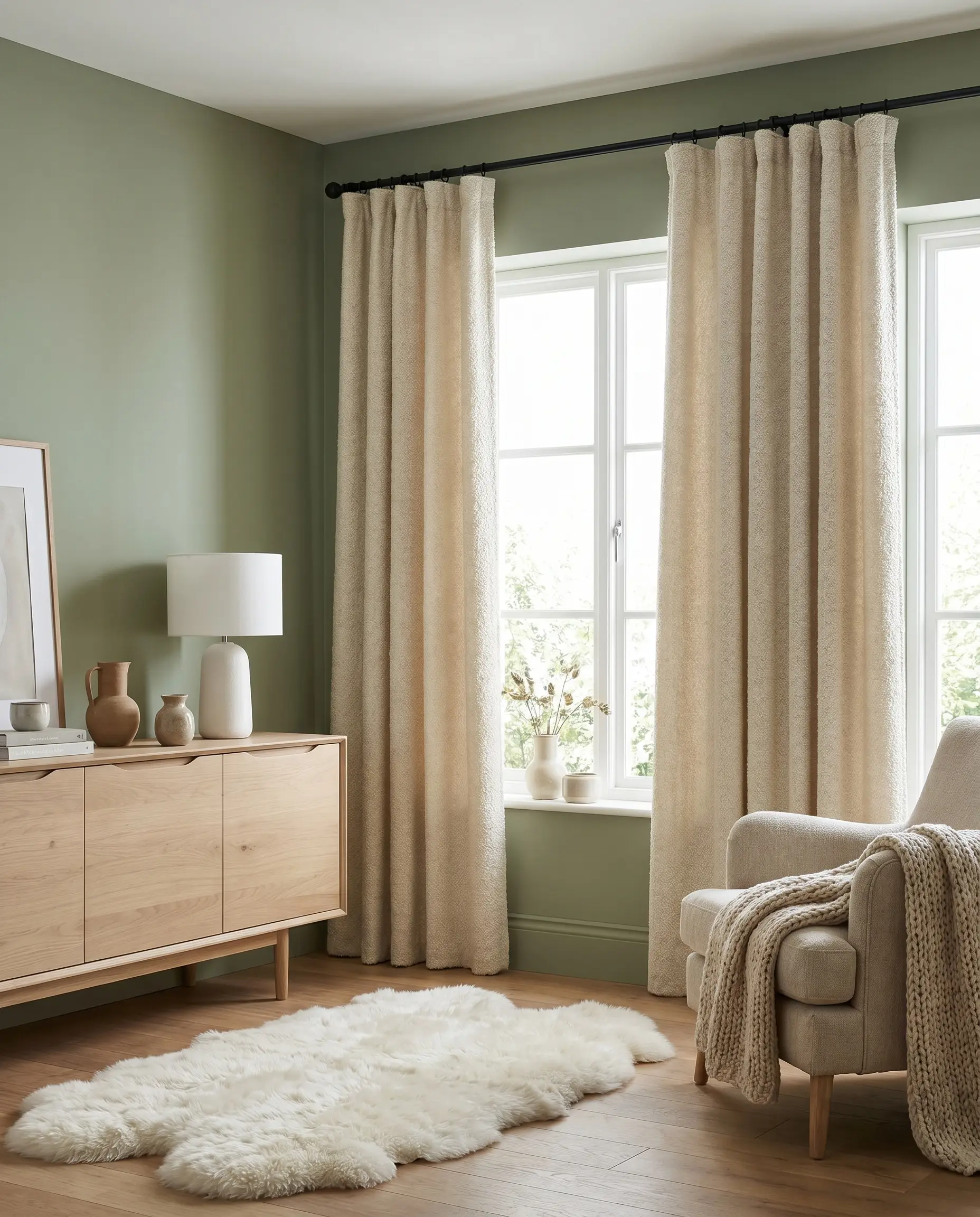 Tactile cream bouclé curtain panels hang from a matte black slim-profile rod against flat painted green walls above a light ash wood sideboard.