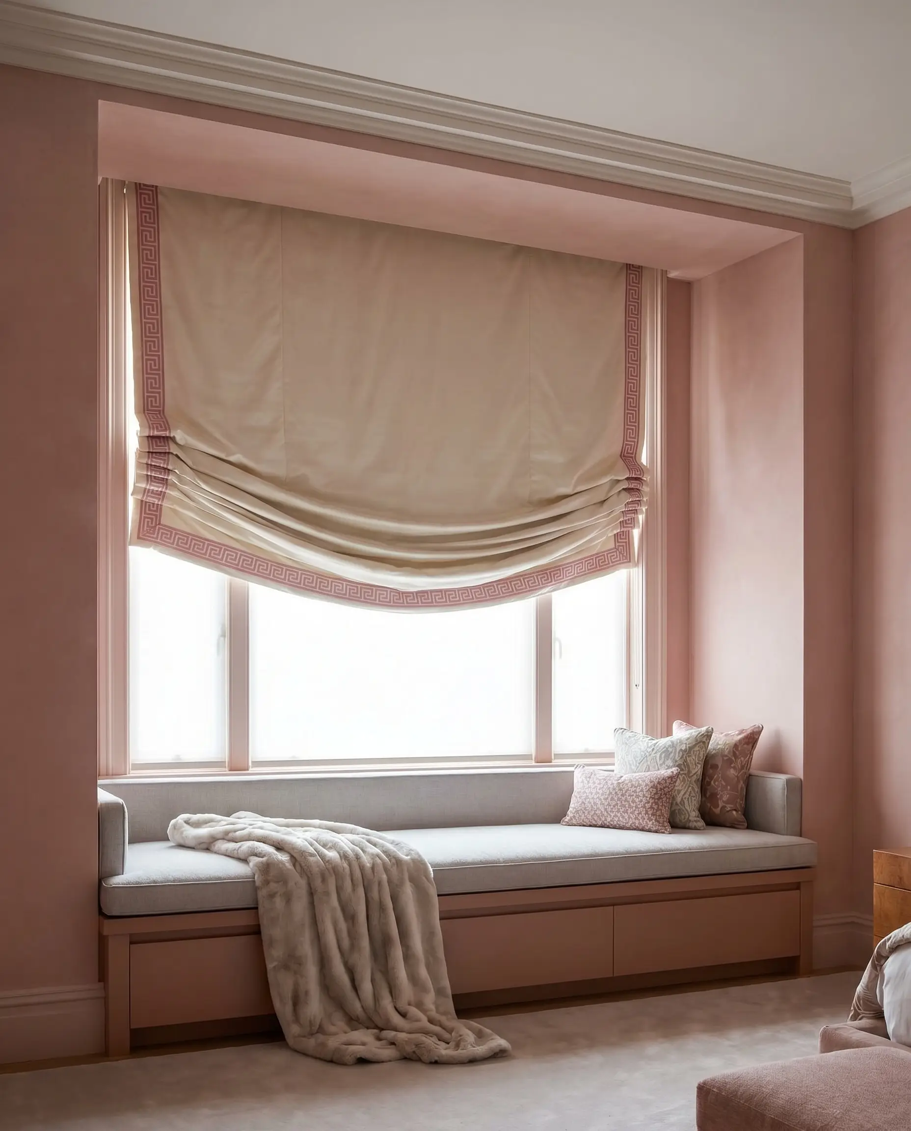 Custom heavyweight cream silk Roman shades with pink Greek key trim drape over a built-in window seat surrounded by matte pink plaster walls.