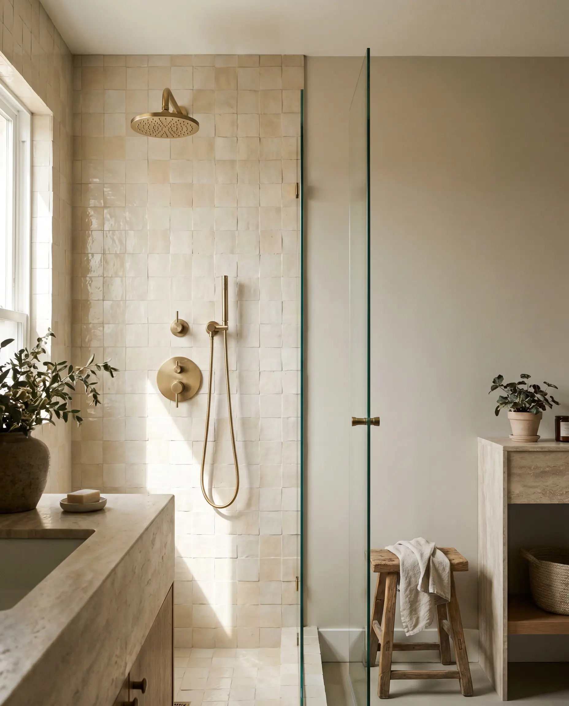 Handmade cream Moroccan zellige tiles and brushed brass plumbing fixtures create an organic walk-in shower within this Benjamin Moore Pale Oak bathroom.