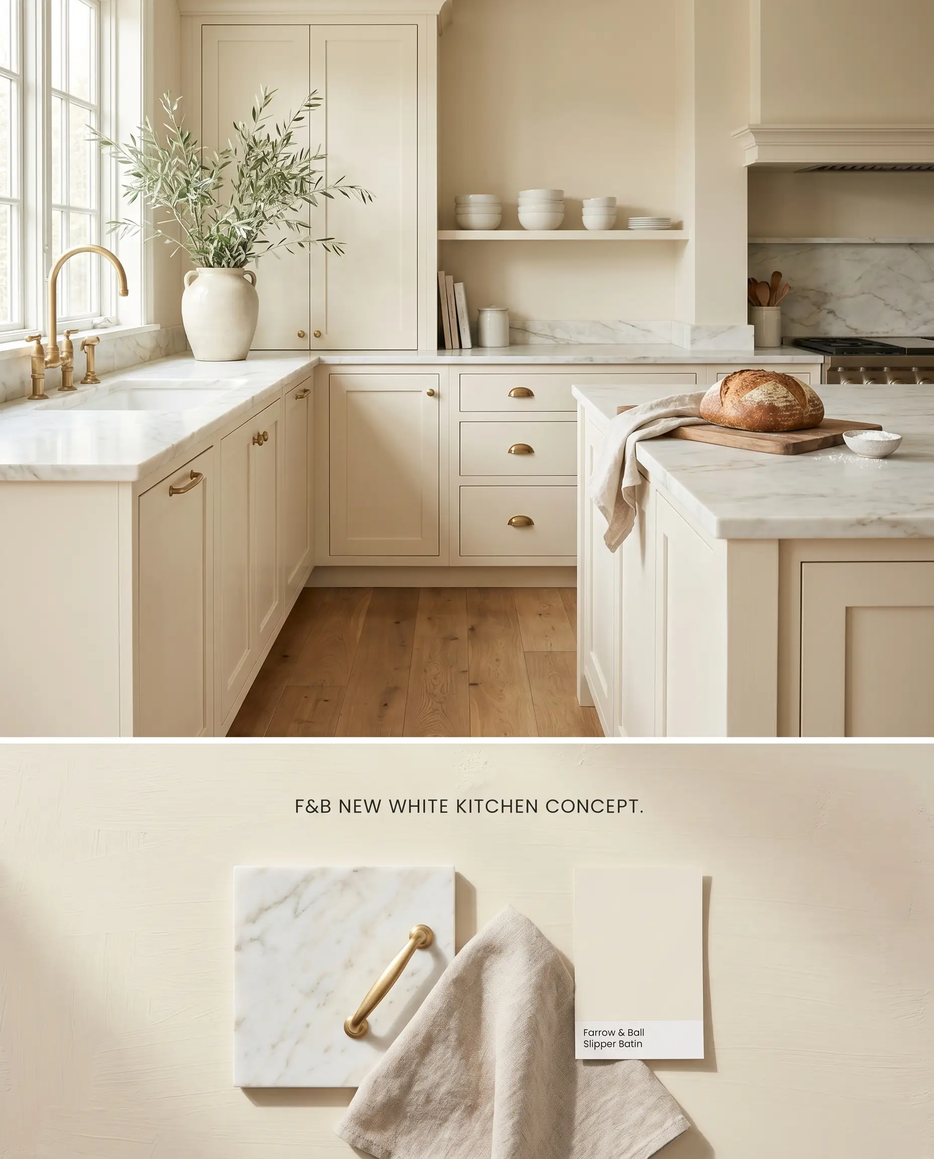 A split digital conceptual board for a kitchen showcasing yellow-based neutral cabinets on top, with a tactile flat-lay of marble and brass below.