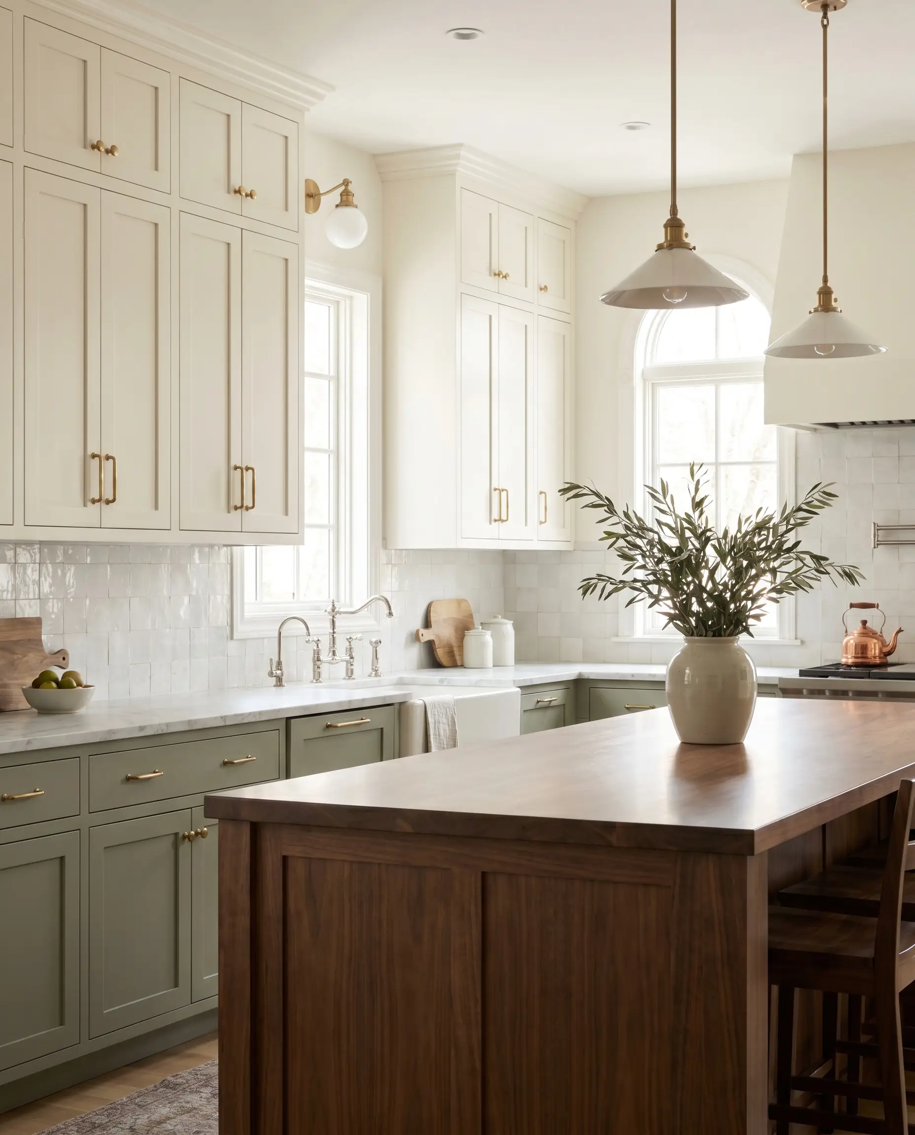 Warm creamy beige upper shaker cabinetry contrasts smoothly with muted sage green lower cabinets, a textured zellige tile backsplash, and unlacquered brass hardware.
