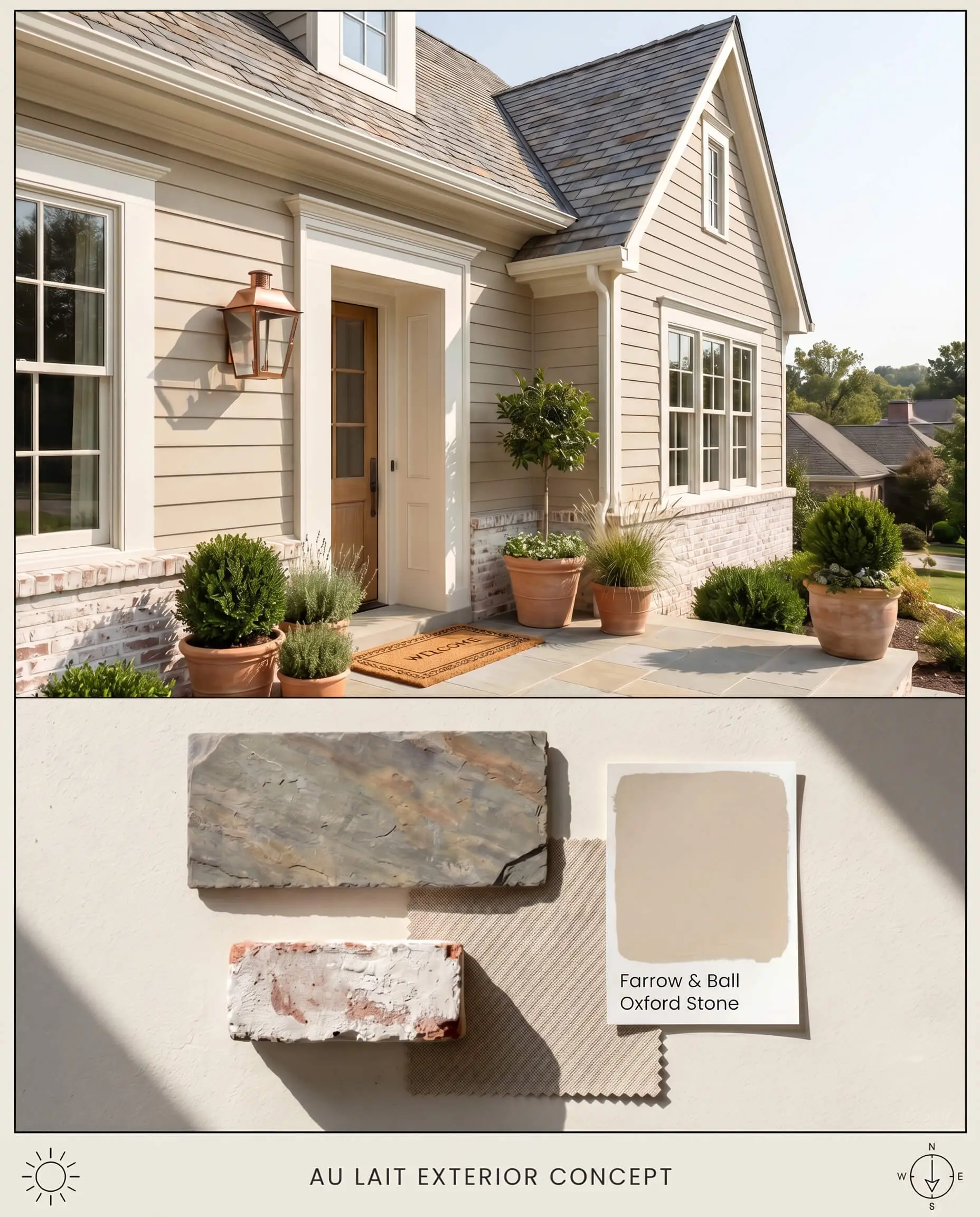 A split digital conceptual board highlighting Farrow & Ball Au Lait on exterior roofline trim above a flat-lay of weathered slate and limewashed brick.