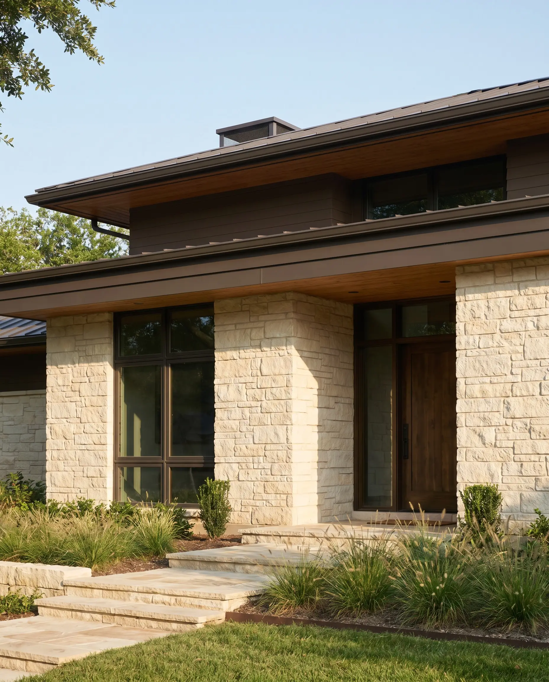 Rough-cut natural limestone veneer with light cream mortar grounds the lower facade beneath dark French Press espresso-brown siding.