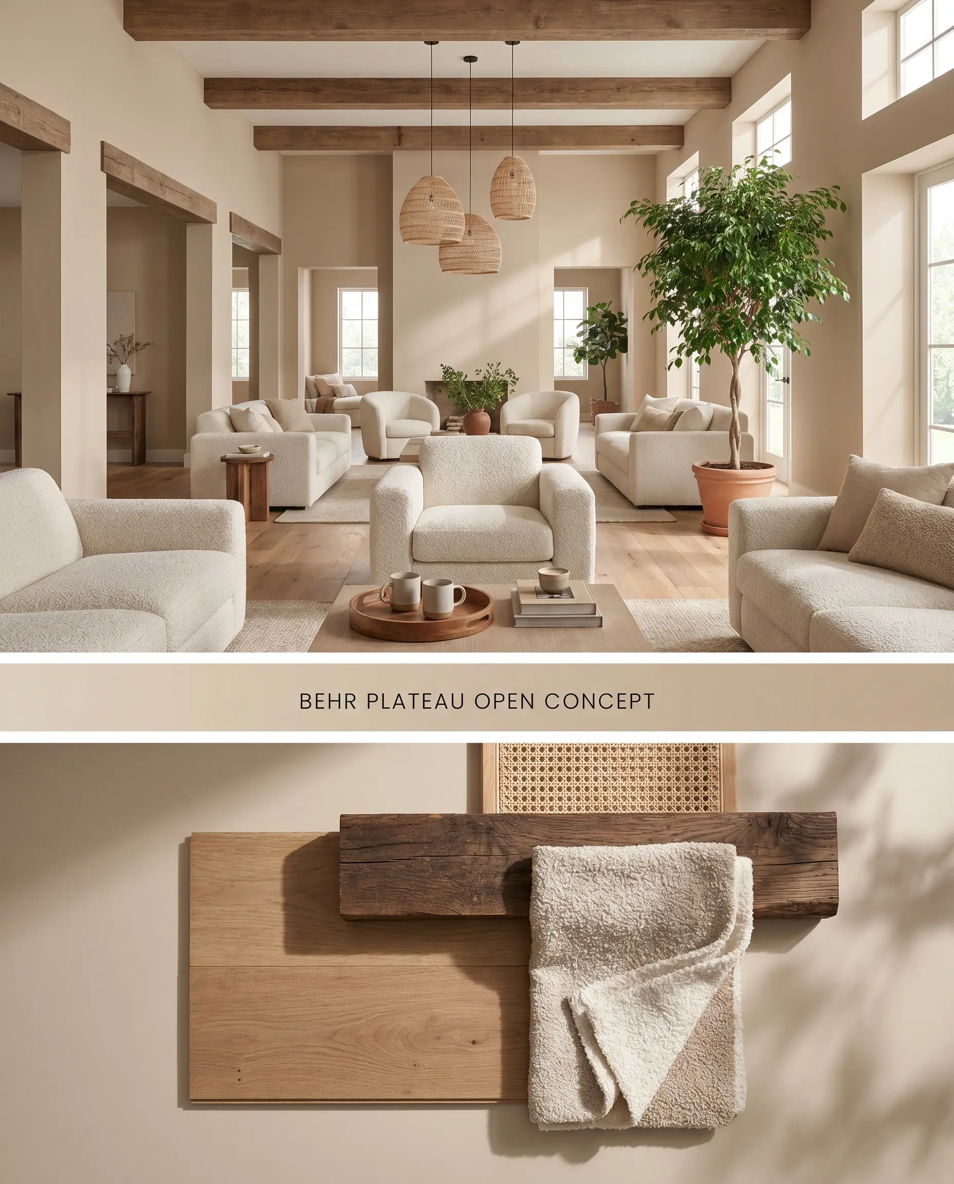 An architectural conceptual board for an open layout displaying peach undertones on the top walls, with textured timber and bouclé fabric on the bottom.