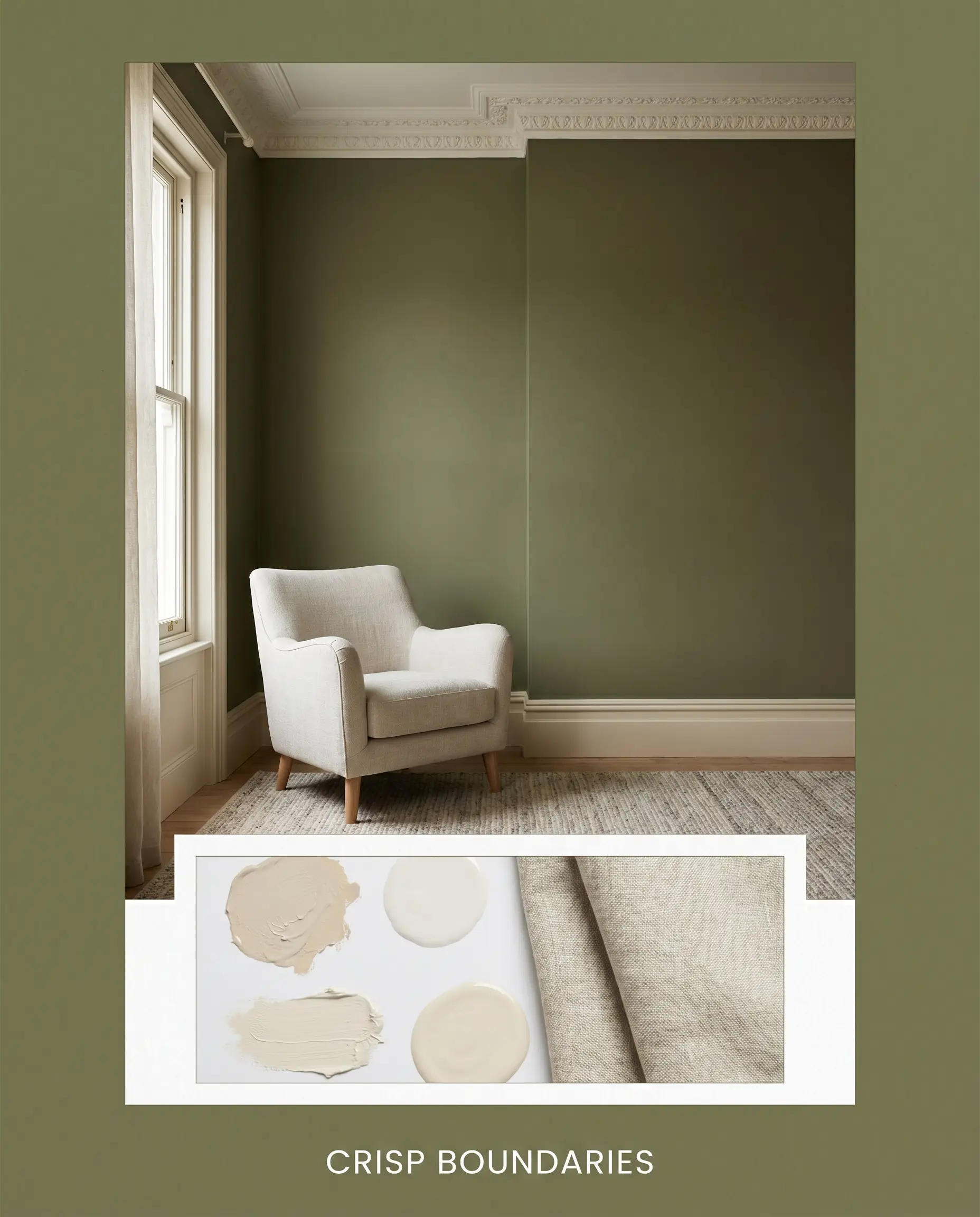 A photorealistic architectural room shot with a pale linen armchair sits above a flat-lay containing physical paint textures and heavy linen fabric swatches.