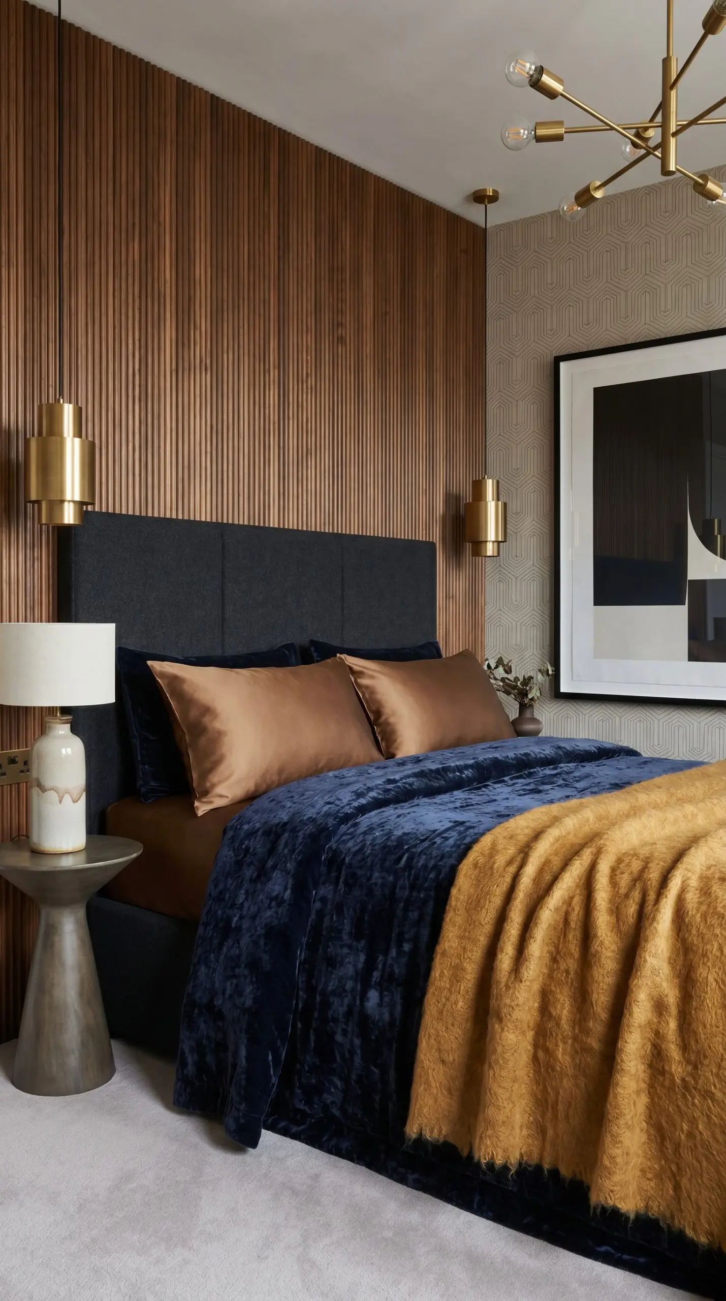 A bed is layered with high-sheen silk pillowcases, a heavy crushed velvet duvet cover, and a matte mohair throw blanket against a wool headboard.