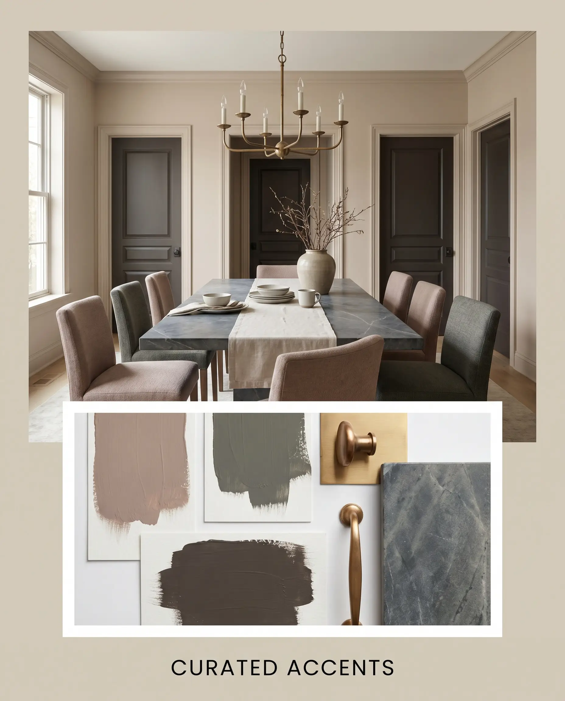 A honed soapstone dining table and unlacquered brass chandelier sit beneath a flat-lay of warm neutral paint swatches and material samples.