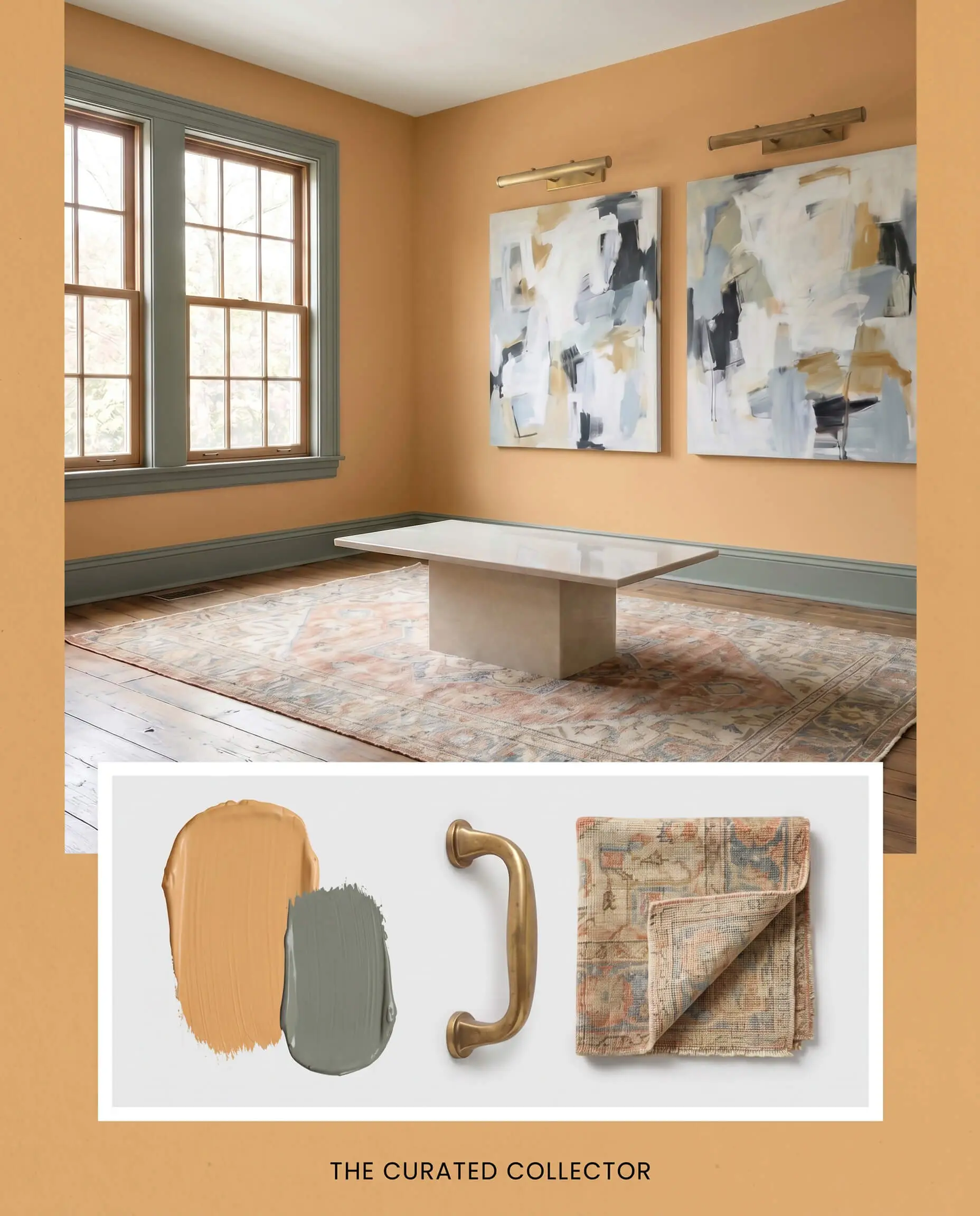 A modern plinth table and faded Oushak rug sit below unlacquered brass picture lights, paired with an inset flat-lay featuring a golden tan paint texture and brass hardware.