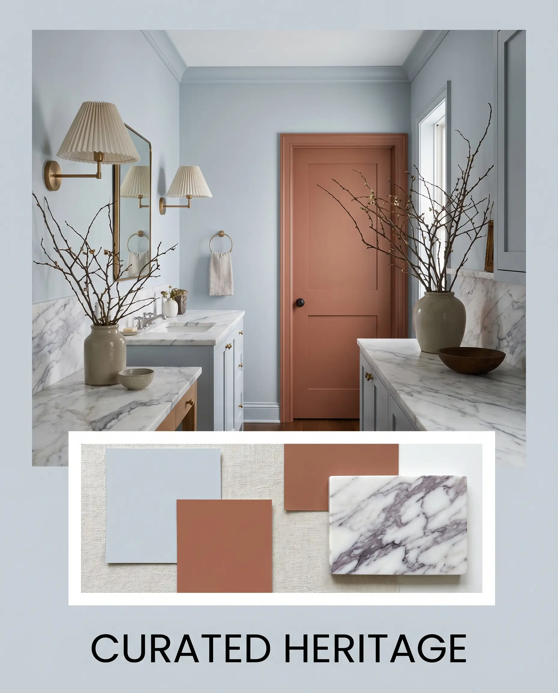 A transitional space featuring honed Calacatta Viola marble and pleated lampshades sits above a flat-lay containing a desaturated cyan-blue paint texture and a rich terracotta swatch.