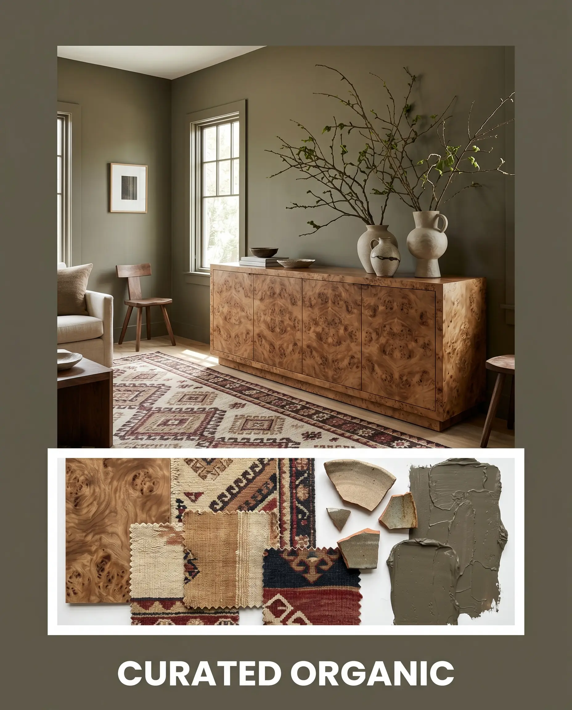 An organically layered living room showcases a prominent burl wood credenza and vintage kilim rug above a curated flat-lay of wood veneer, textile swatches, and ceramic shards.