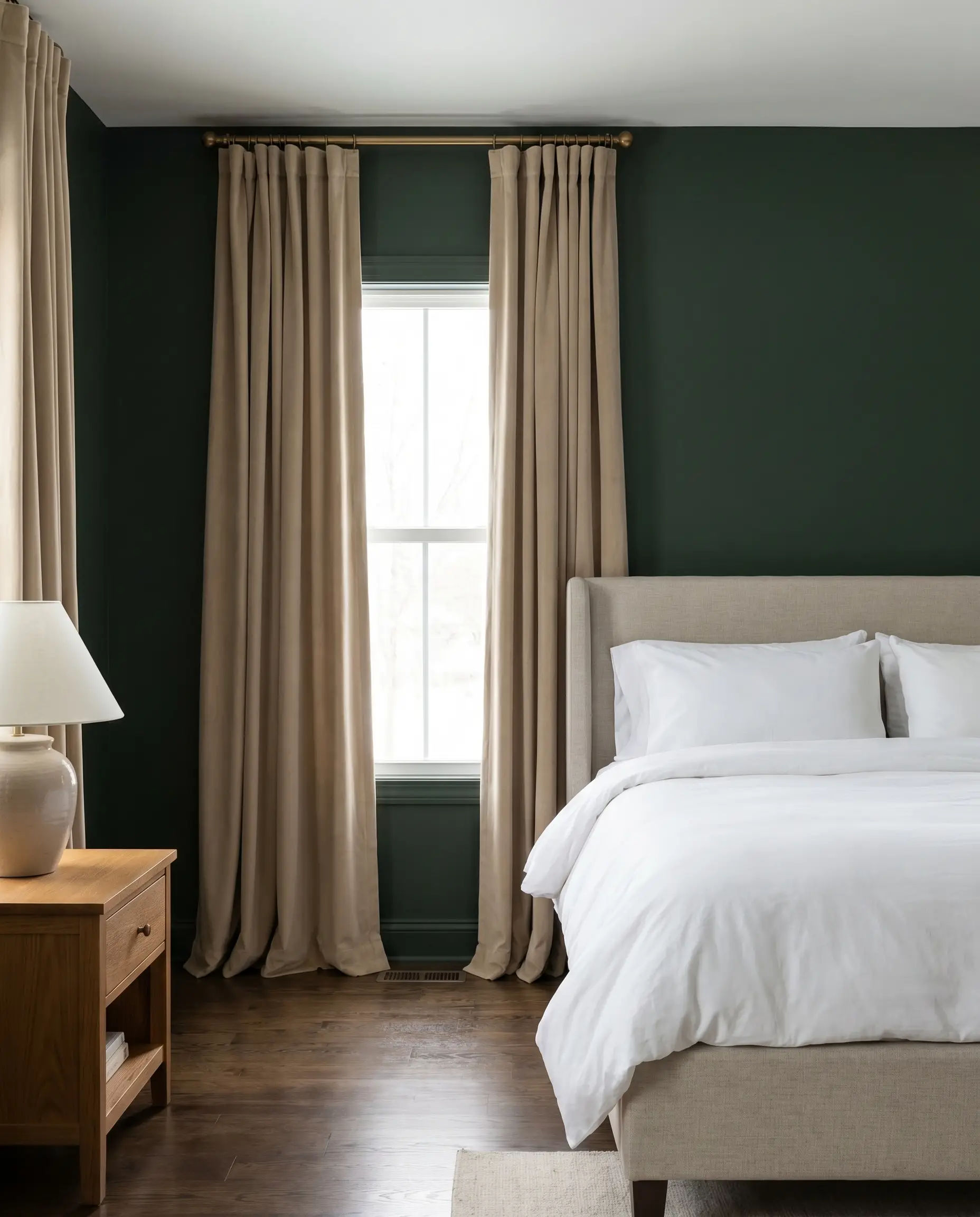 Warm beige cotton velvet curtains hang from an antique gold rod beside an upholstered headboard and warm wood nightstand against emerald green walls.