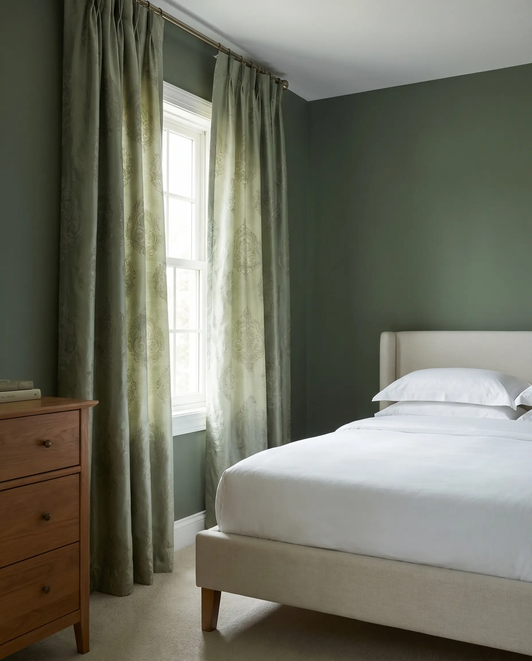 Tonal green silk-blend damask curtains reveal intricate scrolling designs beside a standard upholstered bed and warm wood dresser.