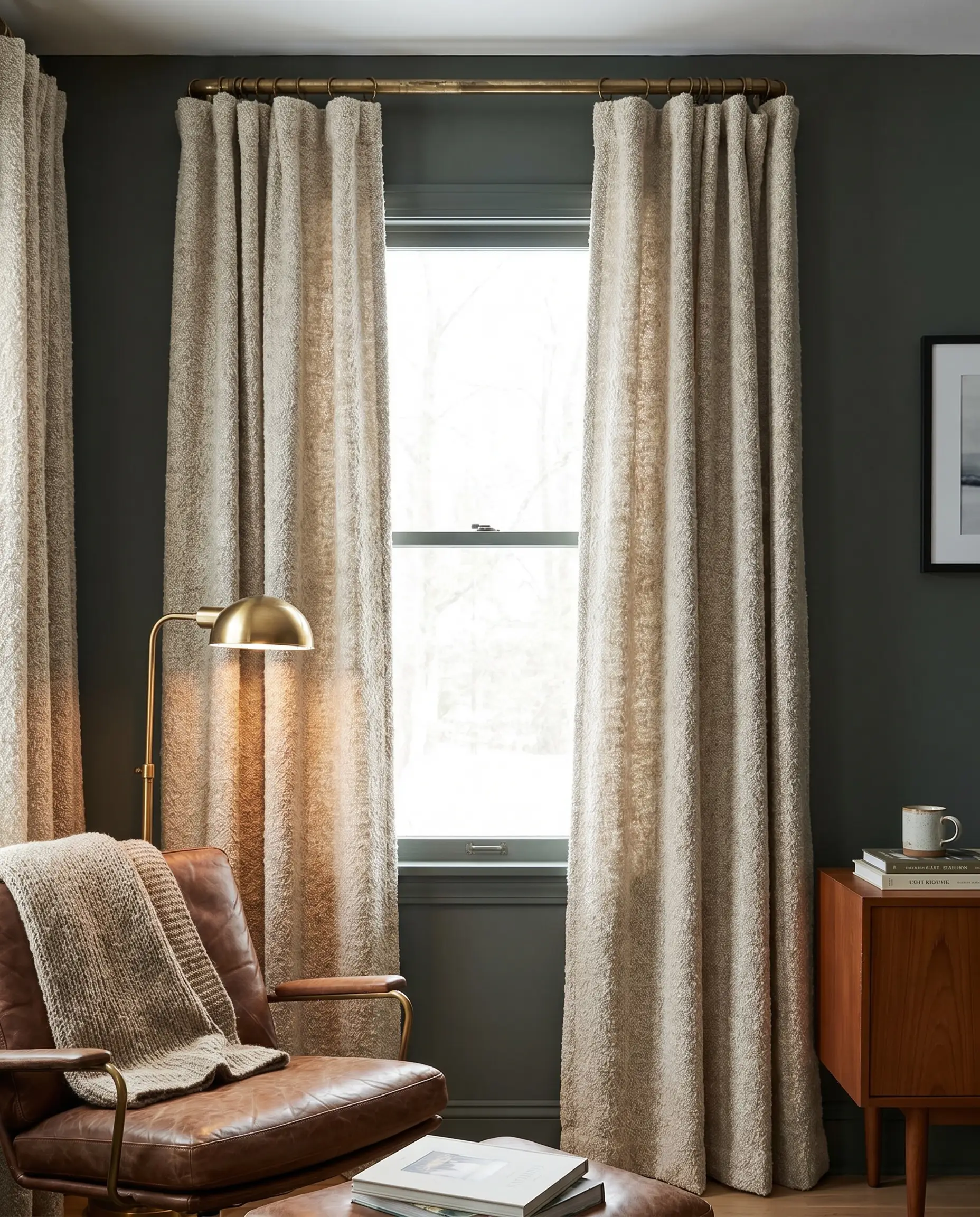 Heavyweight warm oatmeal boucle drapes suspended from an unlacquered brass rod frame a mid-century reading nook featuring a lived-in leather lounge chair.