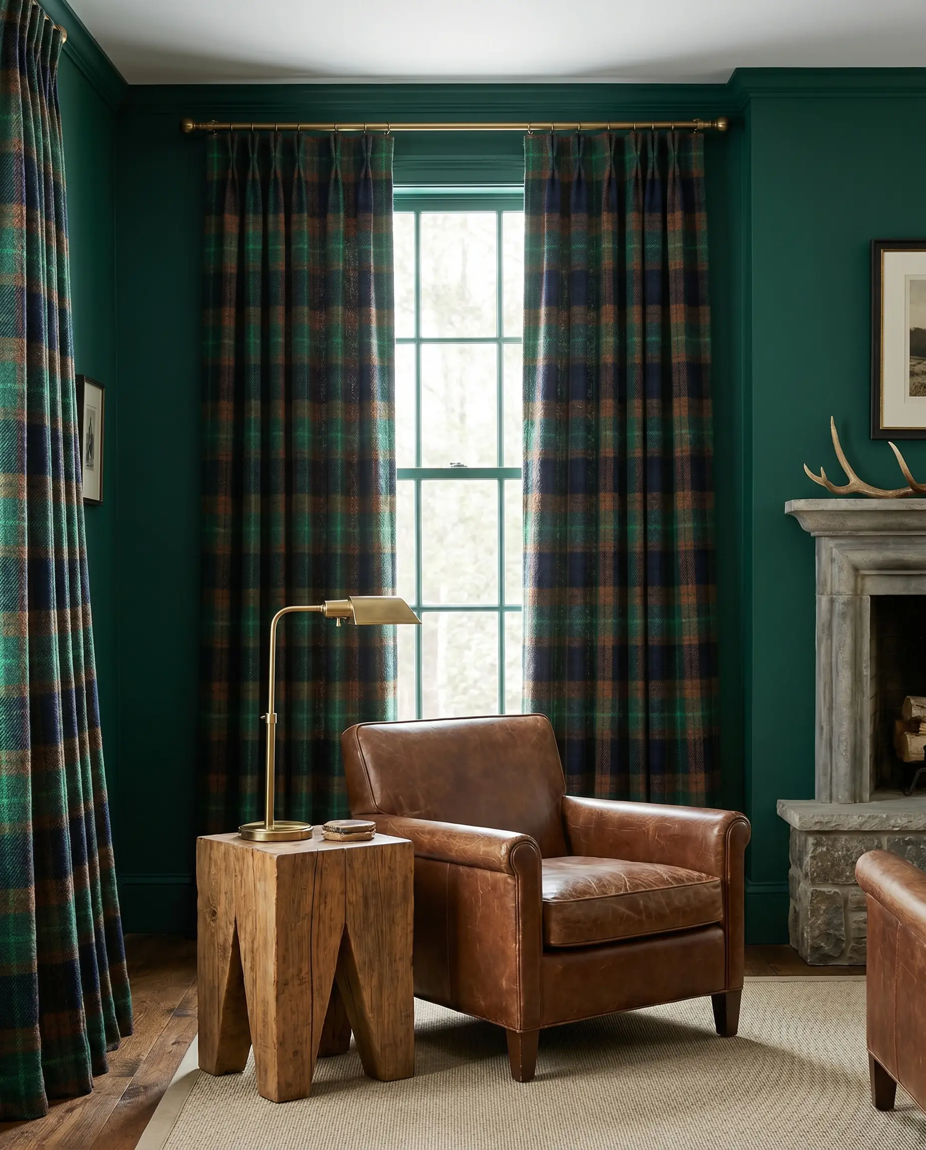 Heavy woven wool tartan plaid curtains for emerald green walls ground an approachable study featuring a leather armchair and rustic wood side table.