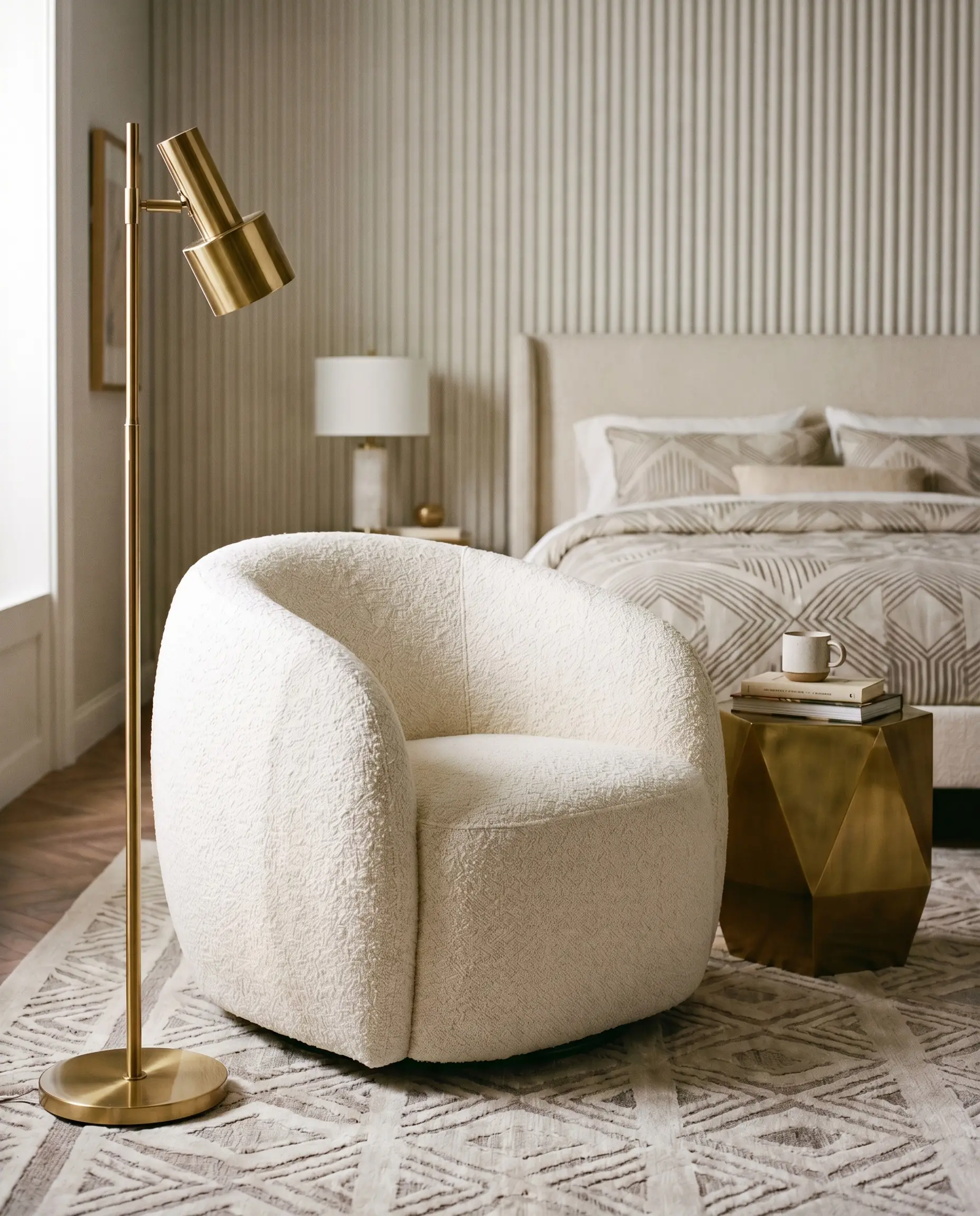 A curved barrel-back accent chair upholstered in heavy ivory bouclé sits near a polished brass floor lamp and a geometric nightstand.