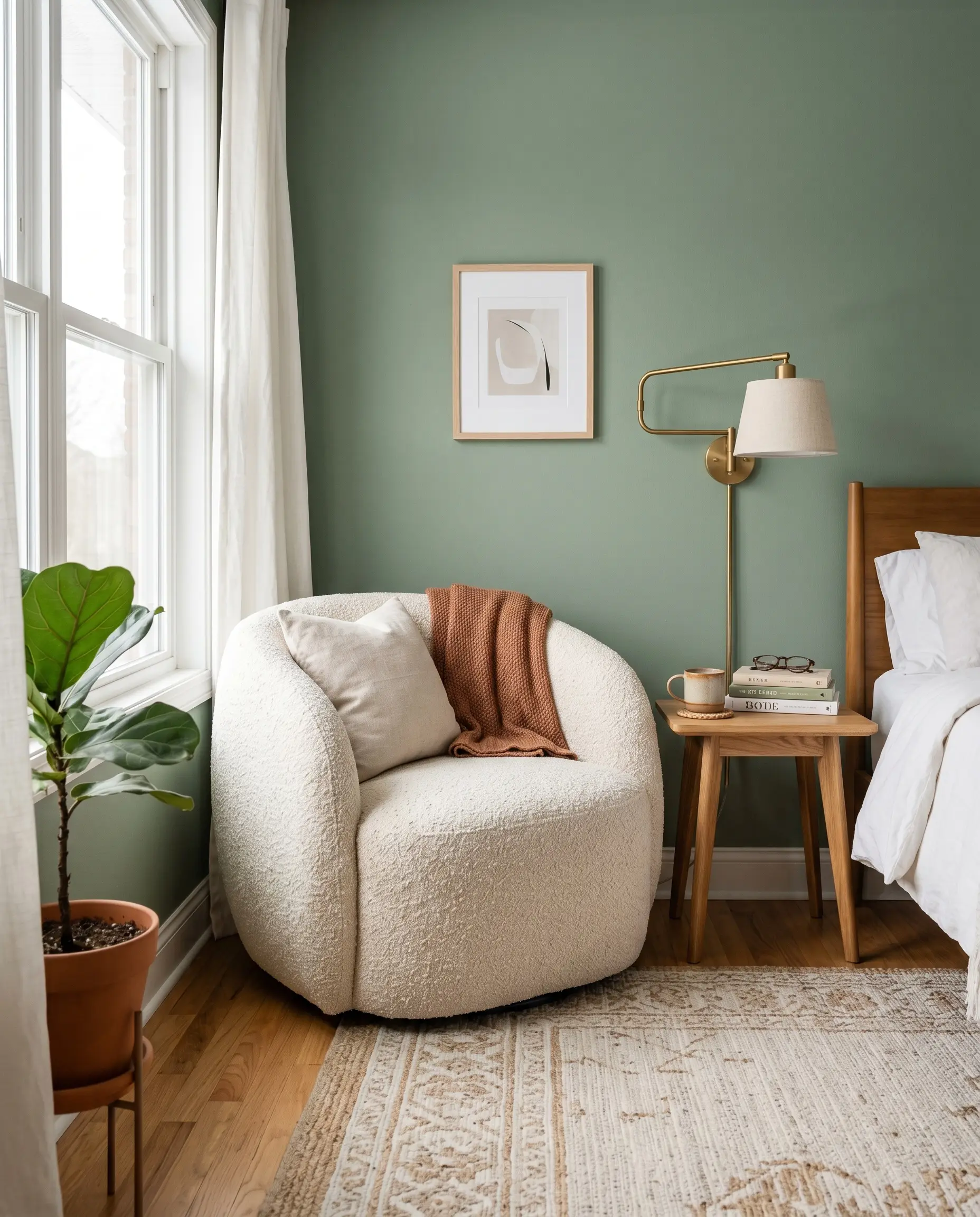 A sculptural cream synthetic boucle accent chair and a small wood side table sit against a flat sage green painted bedroom wall.